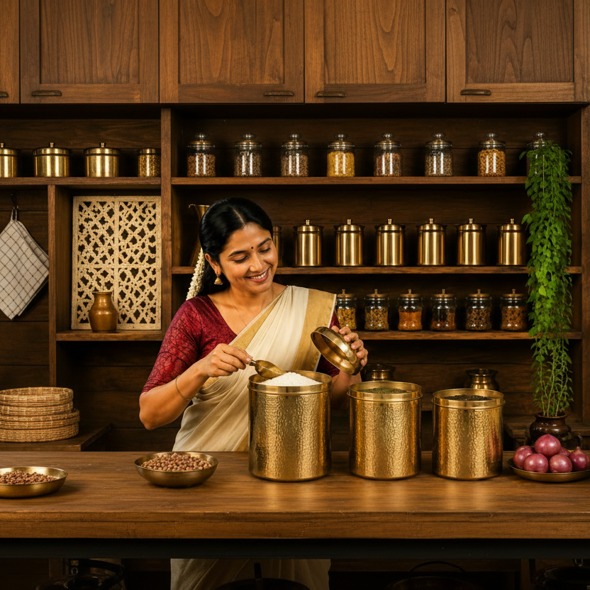 Ambi Home Pure Brass Hammered Dabba | Kitchen Storage Box for Atta, Dal, Spices – Set of 3 (6430 ML + 9000 ML + 10005 ML)