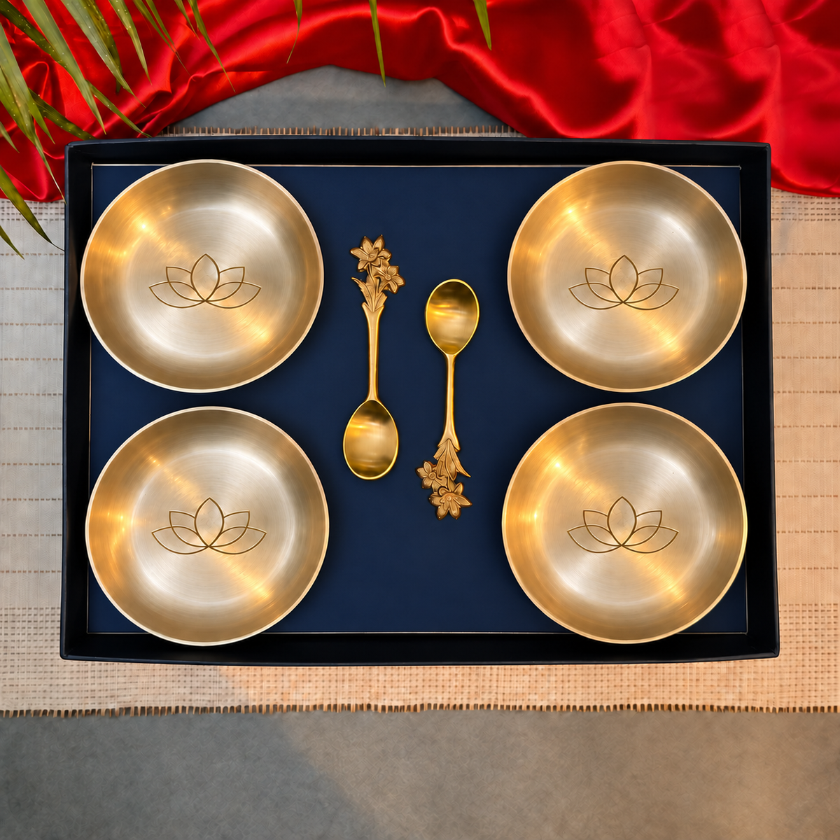 Ambi Kansa Dessert Plate with Lotus Design and Spoon Gift Box - Set of 4