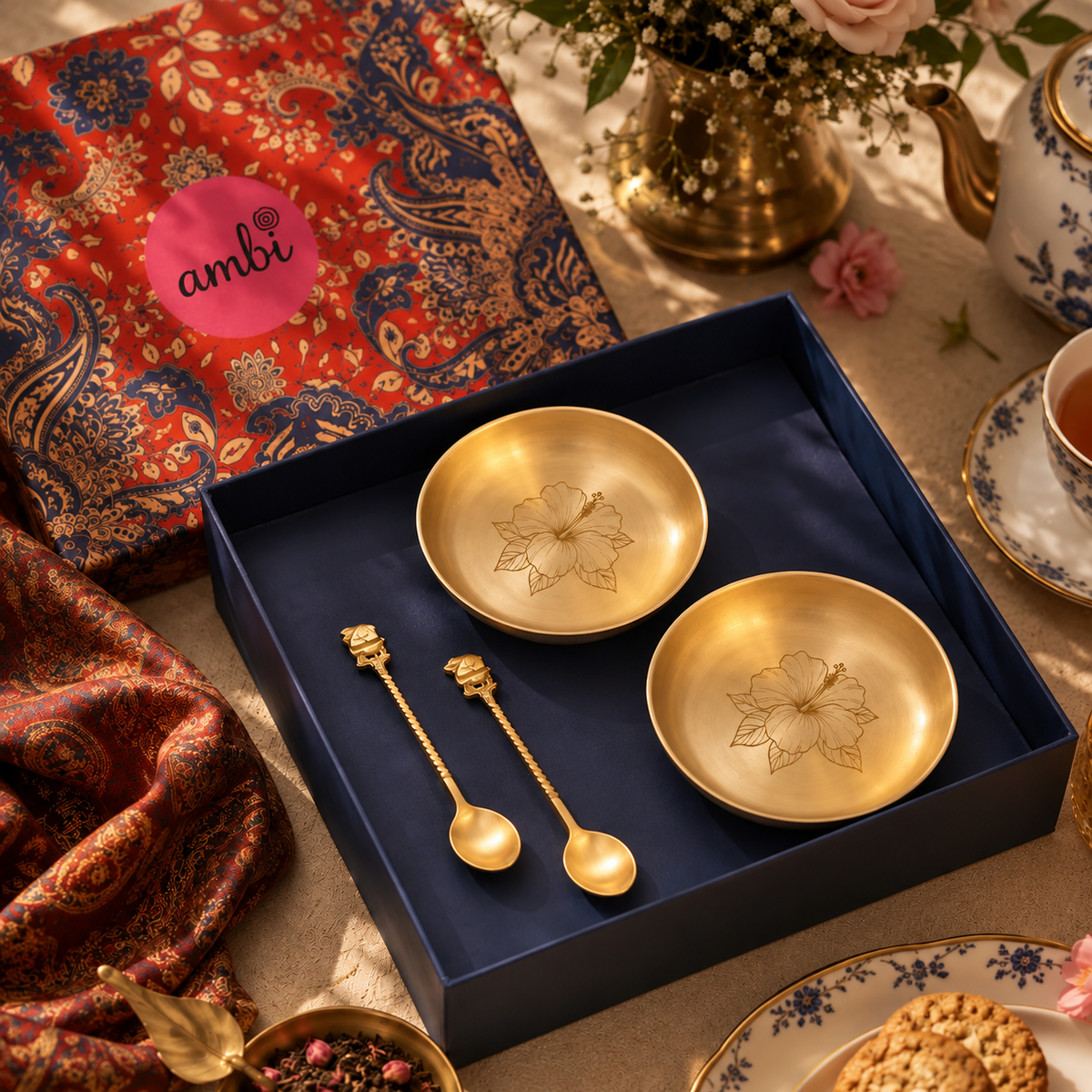 Ambi Hibiscus-Etched Pure Kansa Plate and Brass Spoon Gift Box | Set of 2