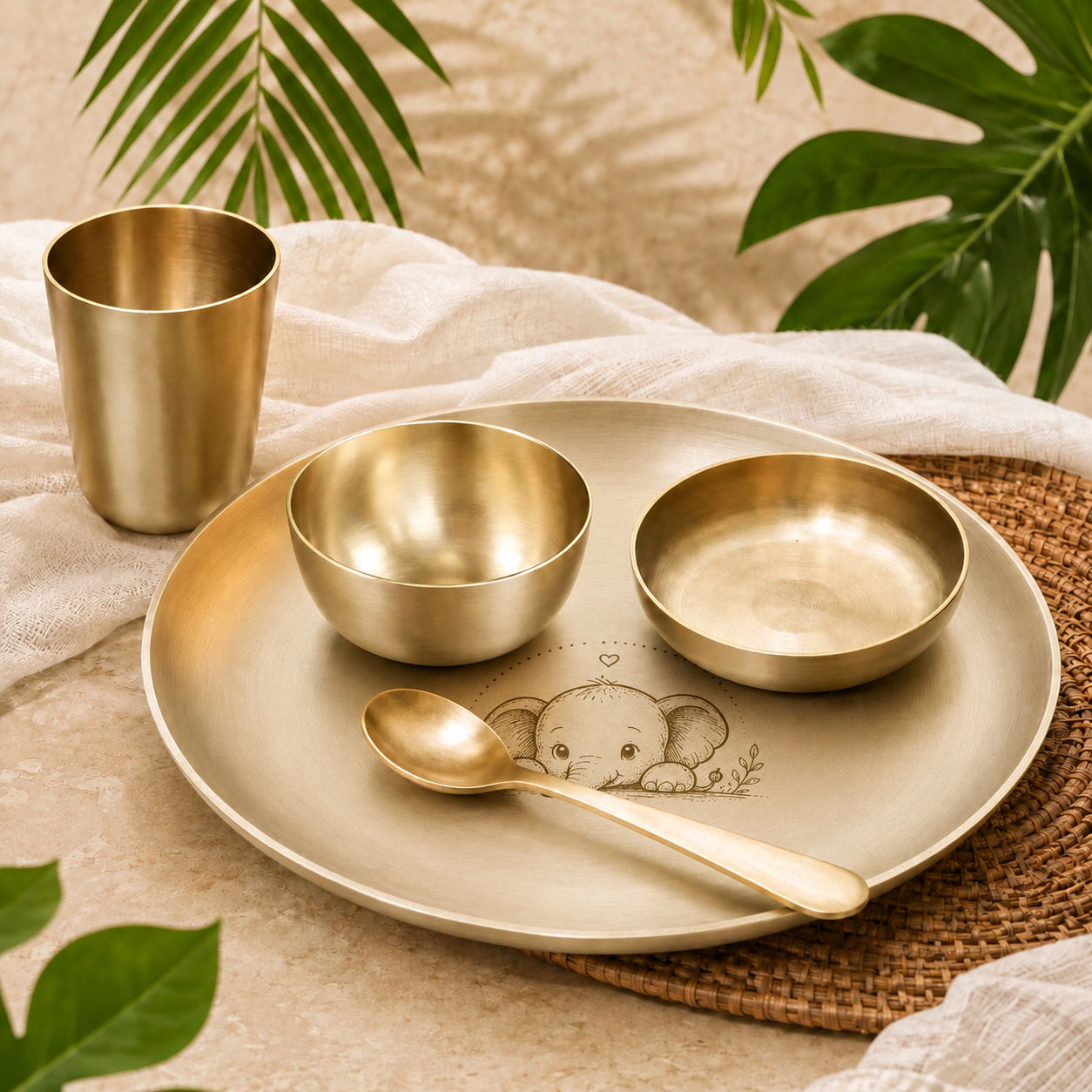 Ambi Pure Kansa Elephant Etched Dining Set with Bowls & Spoon