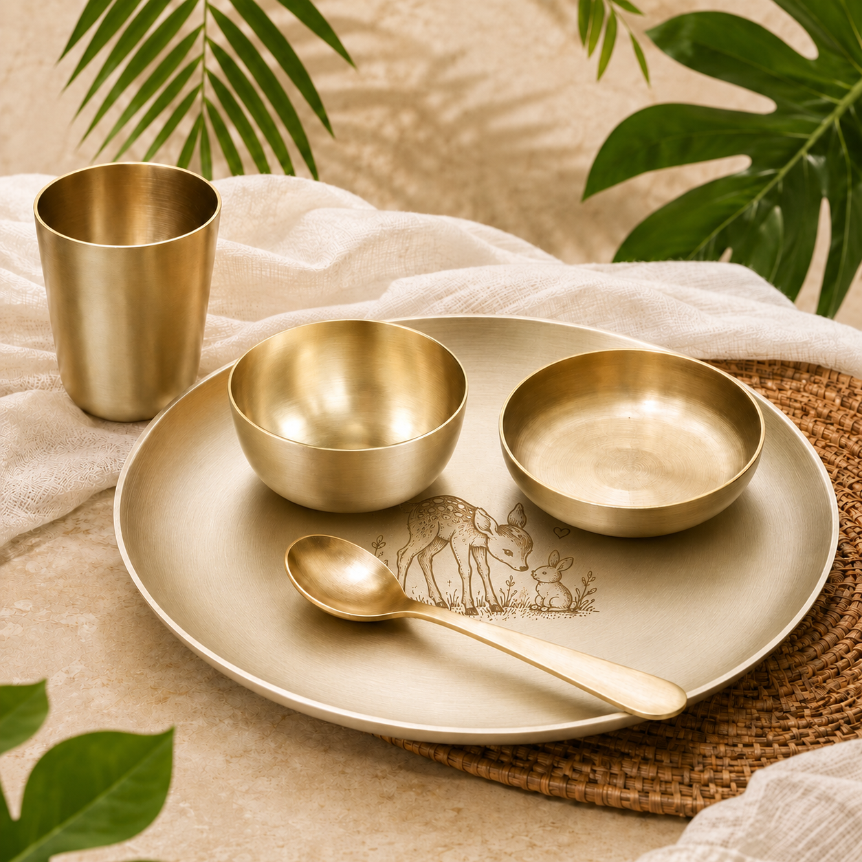 Ambi Pure Kansa Deer & Bunny Etched Dining Set with Bowls & Spoon