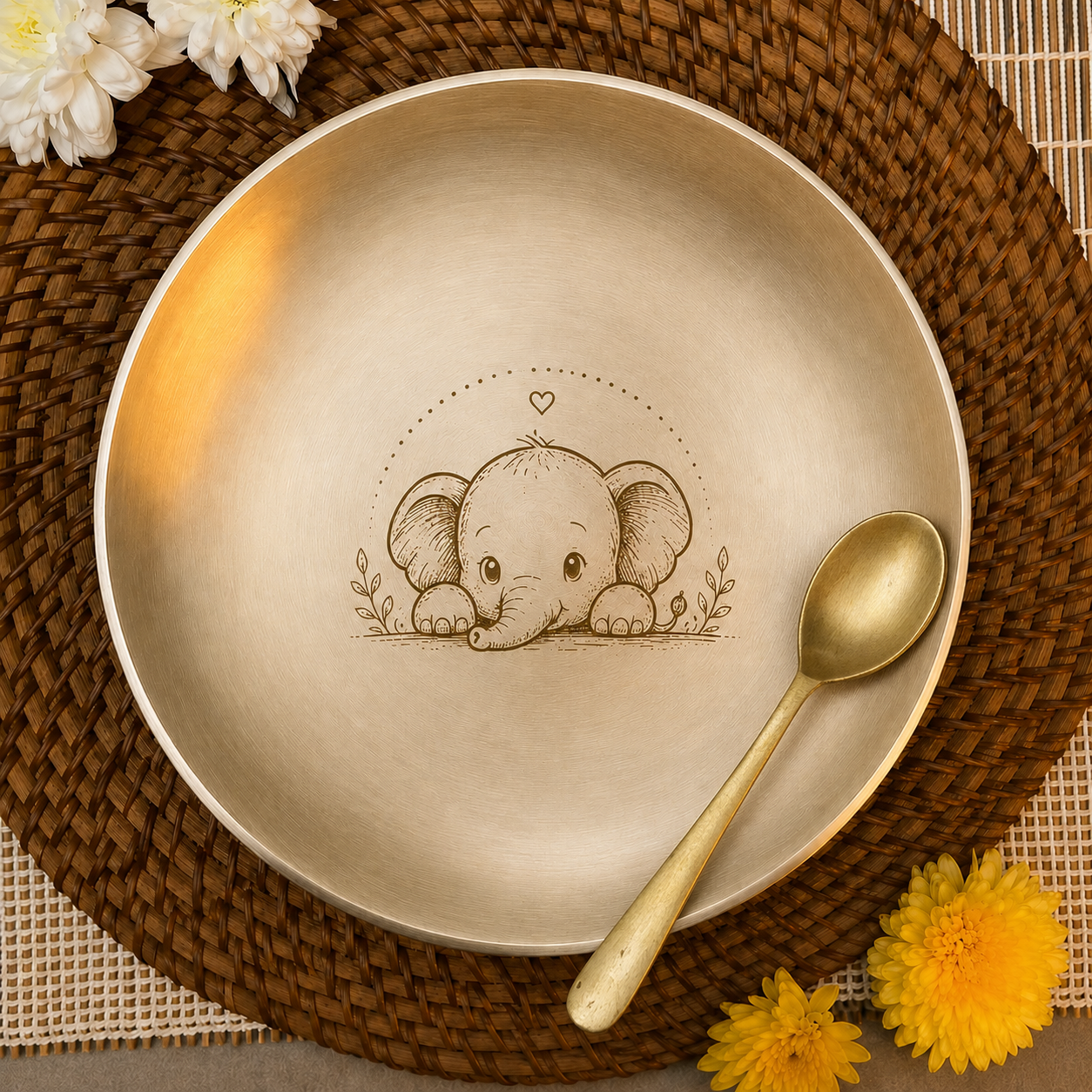 Ambi Pure Kansa Baby Elephant Etched Plate with Spoon – 8 Inches