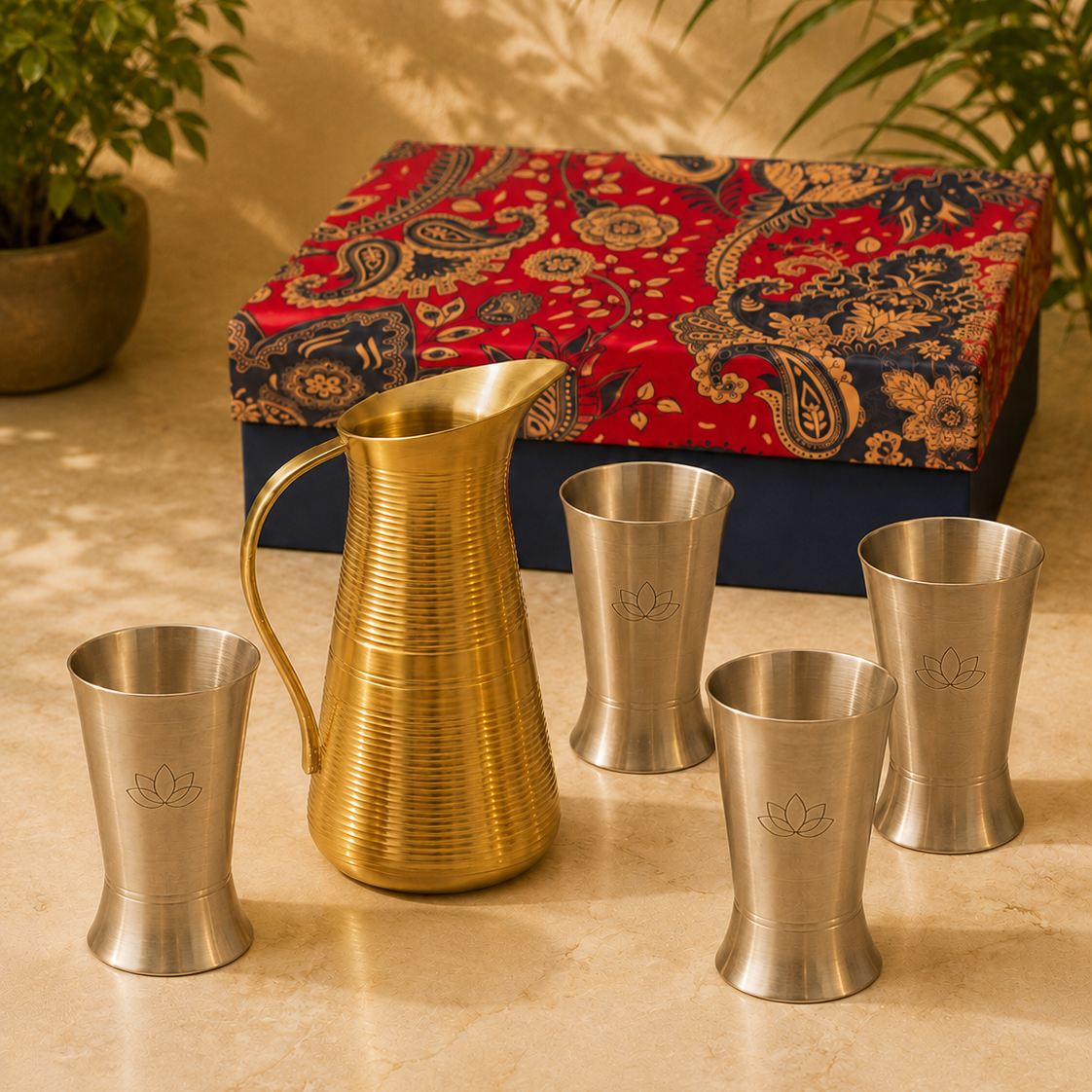 Ambi Gift Set – 4 100% Pure Kansa Etched Glasses With Jug – Zen Lotus