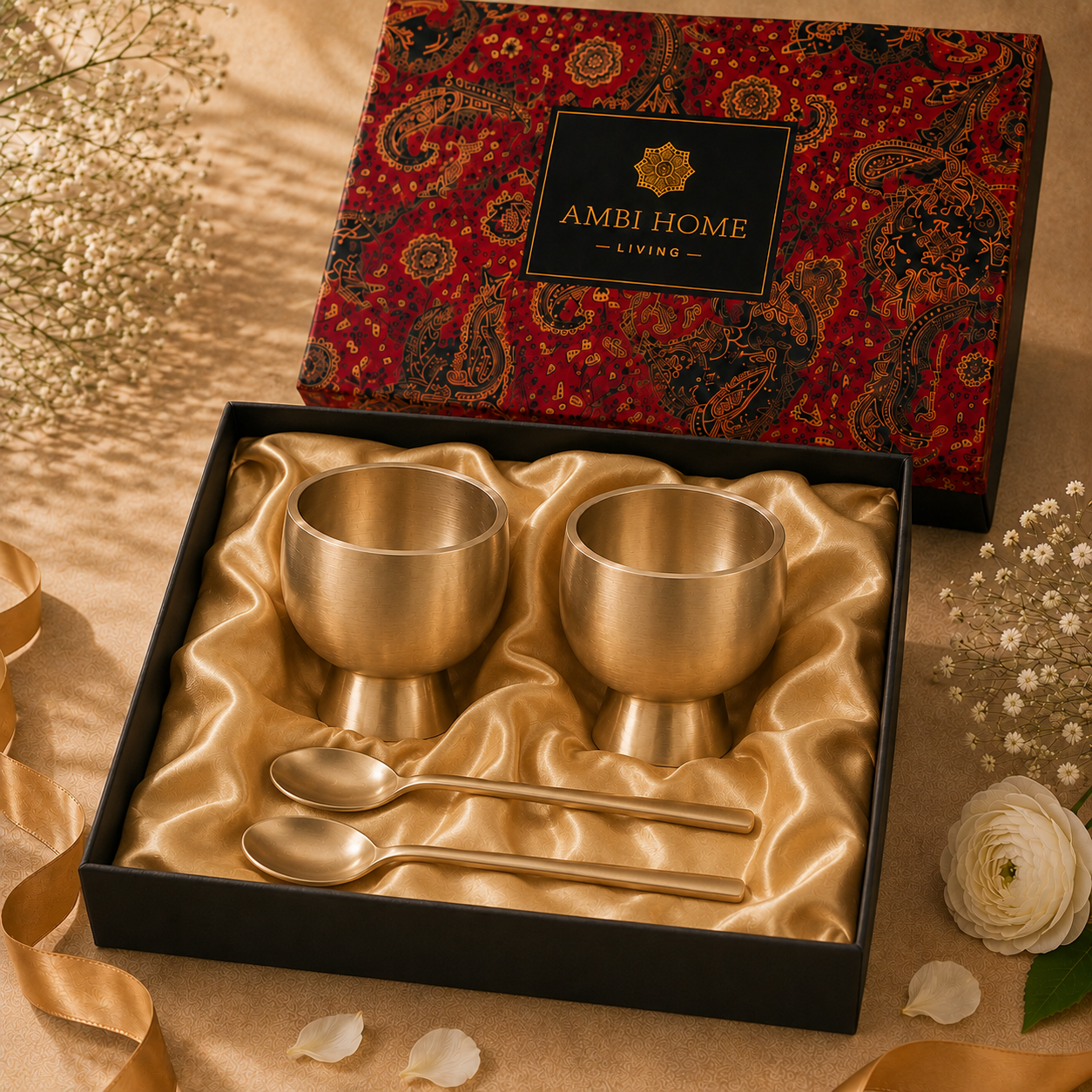 AMBI 100% Pure Brass Dessert/Icecream Bowl & Matching Brass Spoon - Set of 2 Giftbox