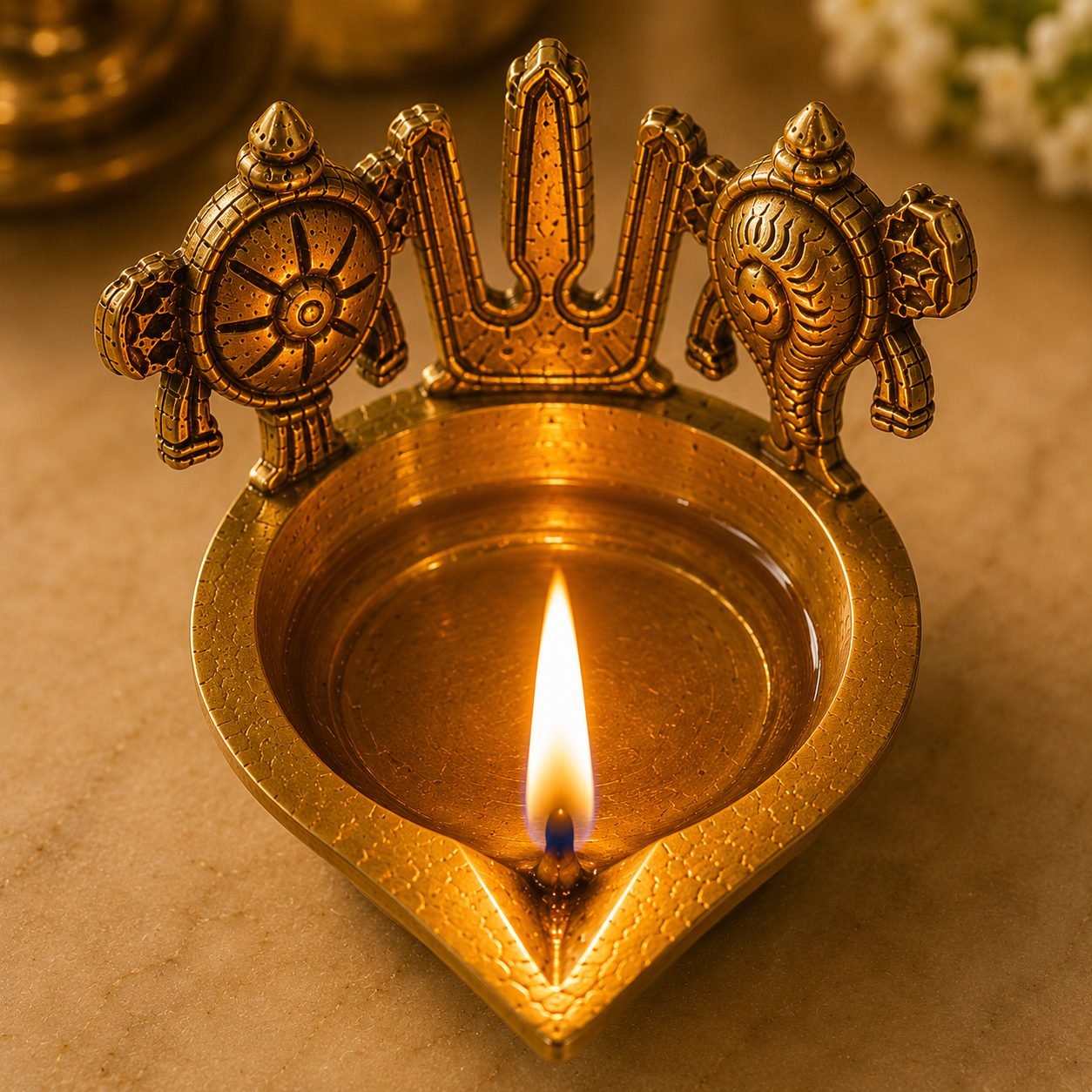 Ambi Pure Brass Tirumala Mudra Deepam | Handcrafted Balaji Shankh Chakra Diya