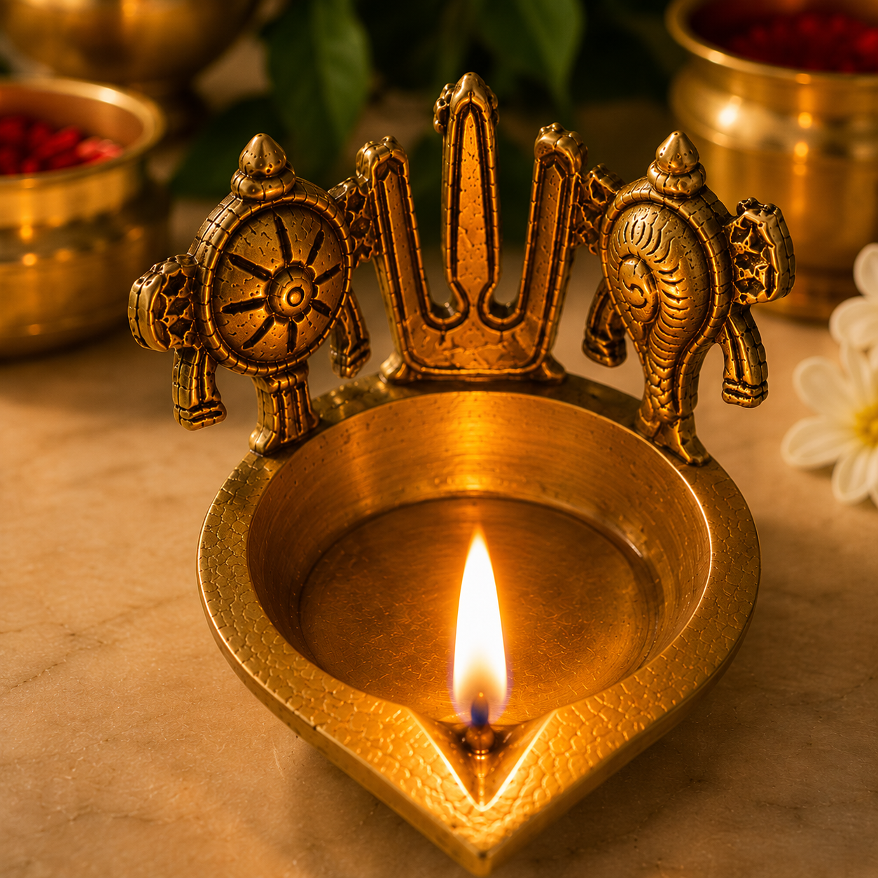 Ambi Pure Brass Tirumala Mudra Deepam | Handcrafted Balaji Shankh Chakra Diya