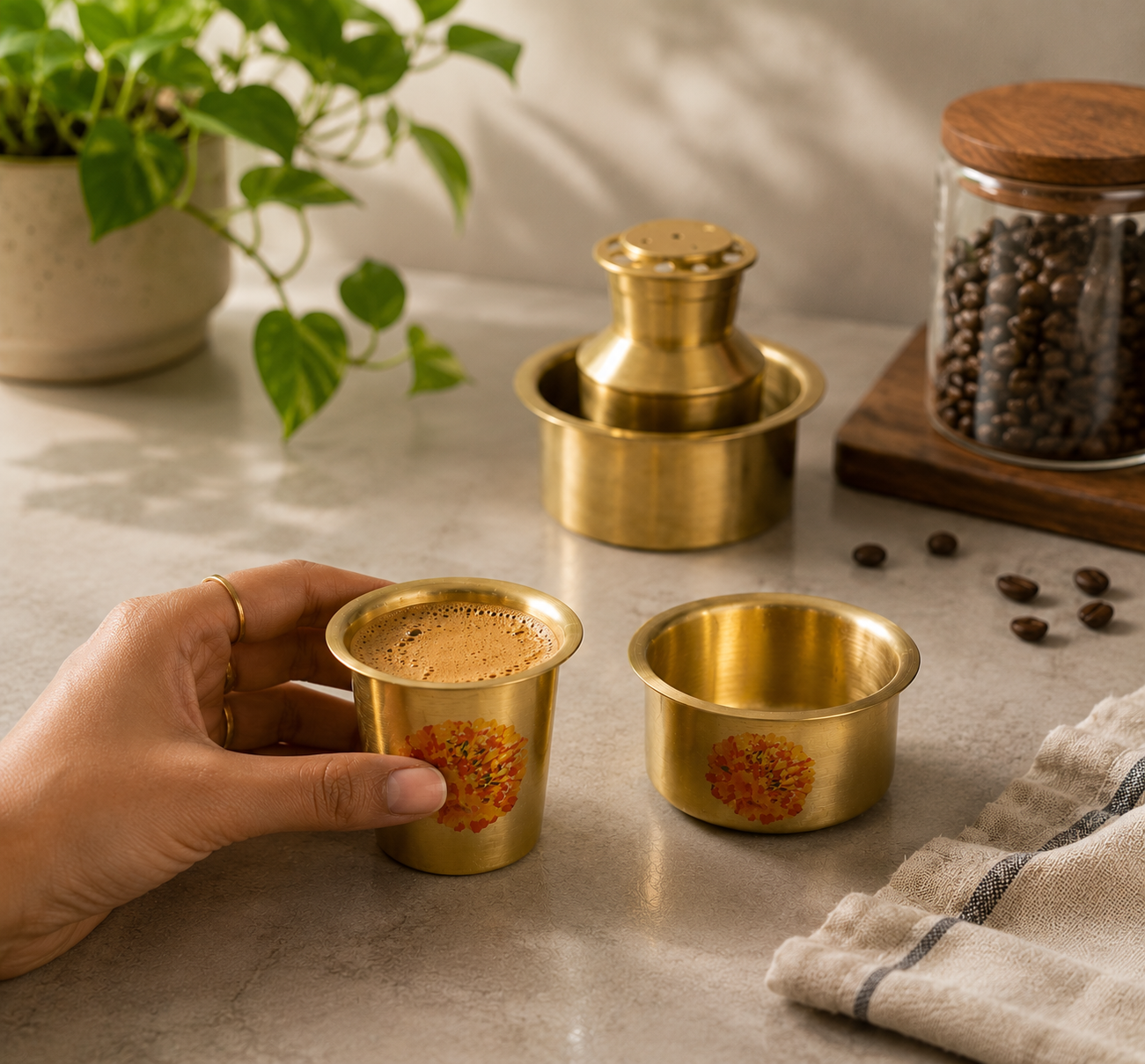 Ambi Pure Brass Marigold Hand-Painted South Indian Coffee Dabara Set