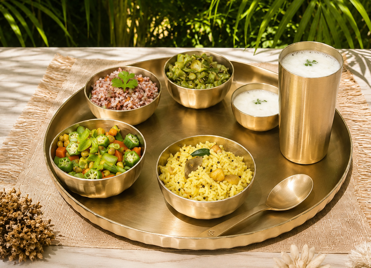 Ambi Exclusive – India's Only Ribbed Edges Kansa Designer Thali Set | 100% Lead-Free | 7 Pieces