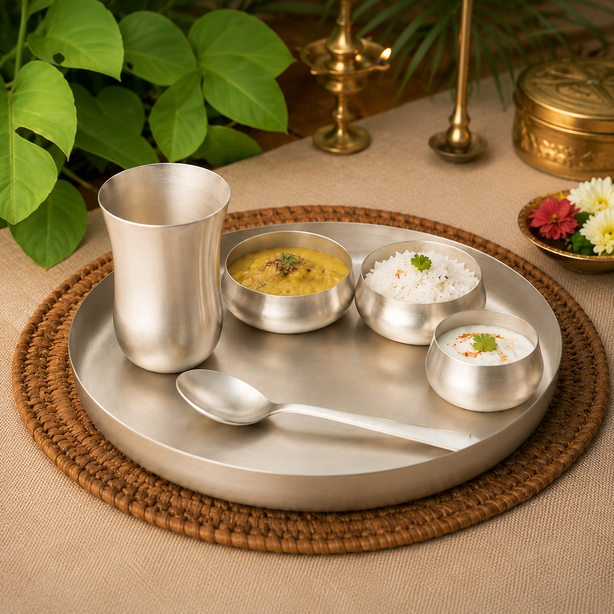 Ambi Silver Thali Set of 6 – BIS 92.5 Certified Pure Silver-Plated Kansa | Luxury Dining