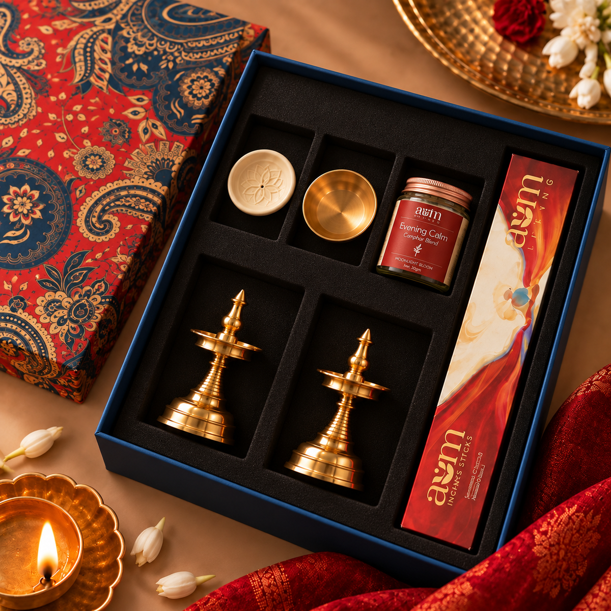 Ambi Premium Pooja Gift Box with 2 Brass Diyas, Kansa Katori, Incense Holder, Camphor Blend and Incense Sticks | Set of 6
