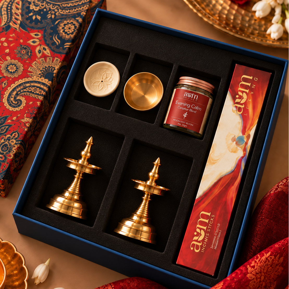 Ambi Premium Pooja Gift Box with 2 Brass Diyas, Kansa Katori, Incense Holder, Camphor Blend and Incense Sticks | Set of 6