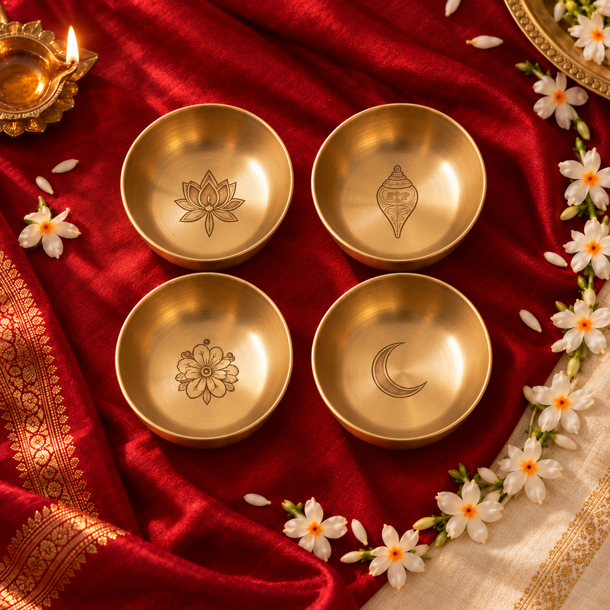 Ambi Devi Range 100% Pure Kansa Katori Set with Sacred Etching 4 inch each set of 4 | Lotus, Shankha, Shiuli and Chand | Set of 4