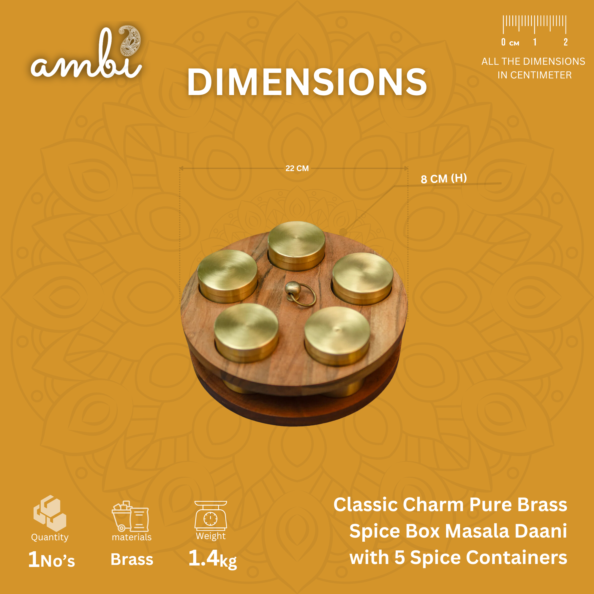 Classic Charm Pure Brass Spice Box Masala Daani with 5 Spice Containers