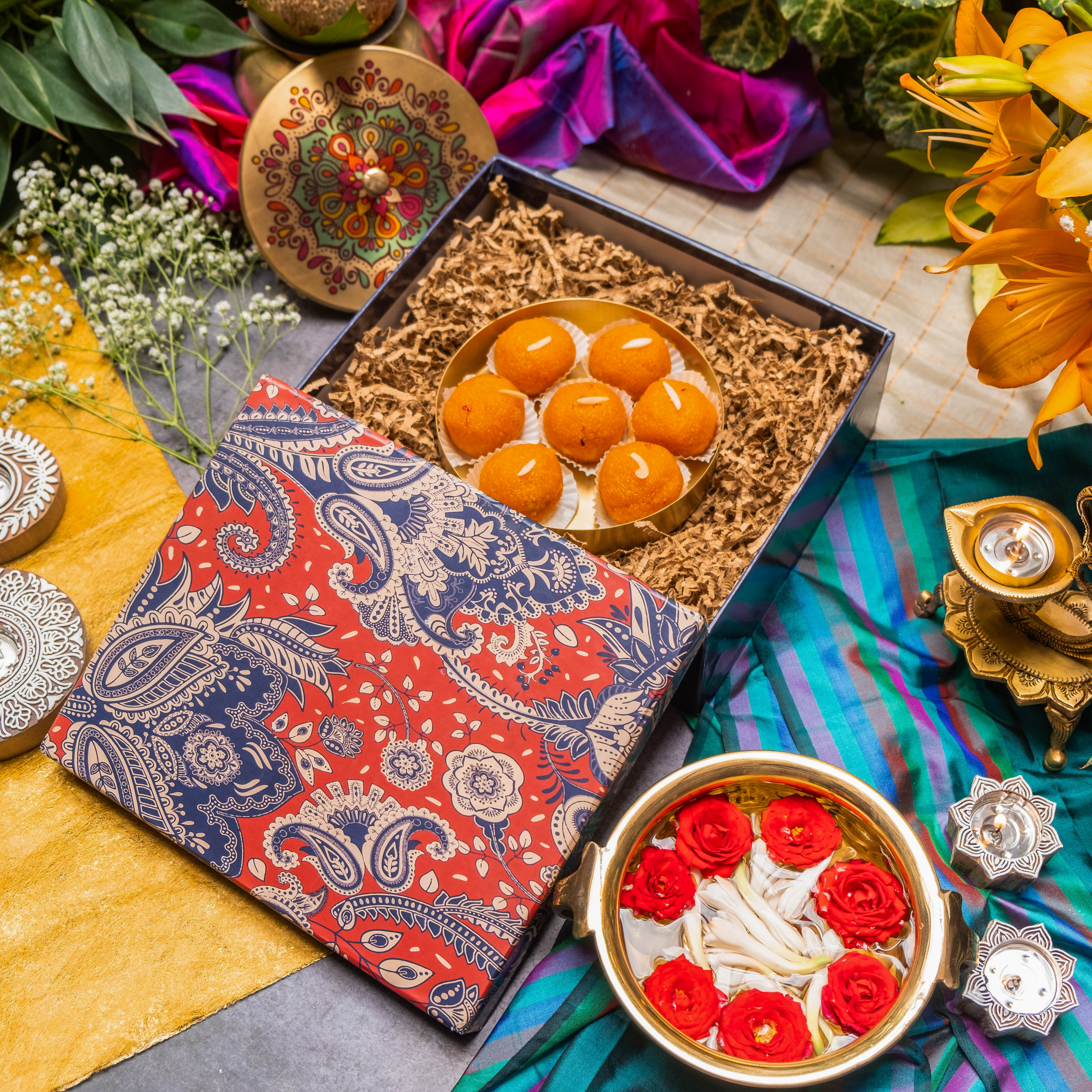 Ambi Gift of Sweetness : 1 Pure Brass Floral Hand-Painted Ladoo Box in a Gift Box
