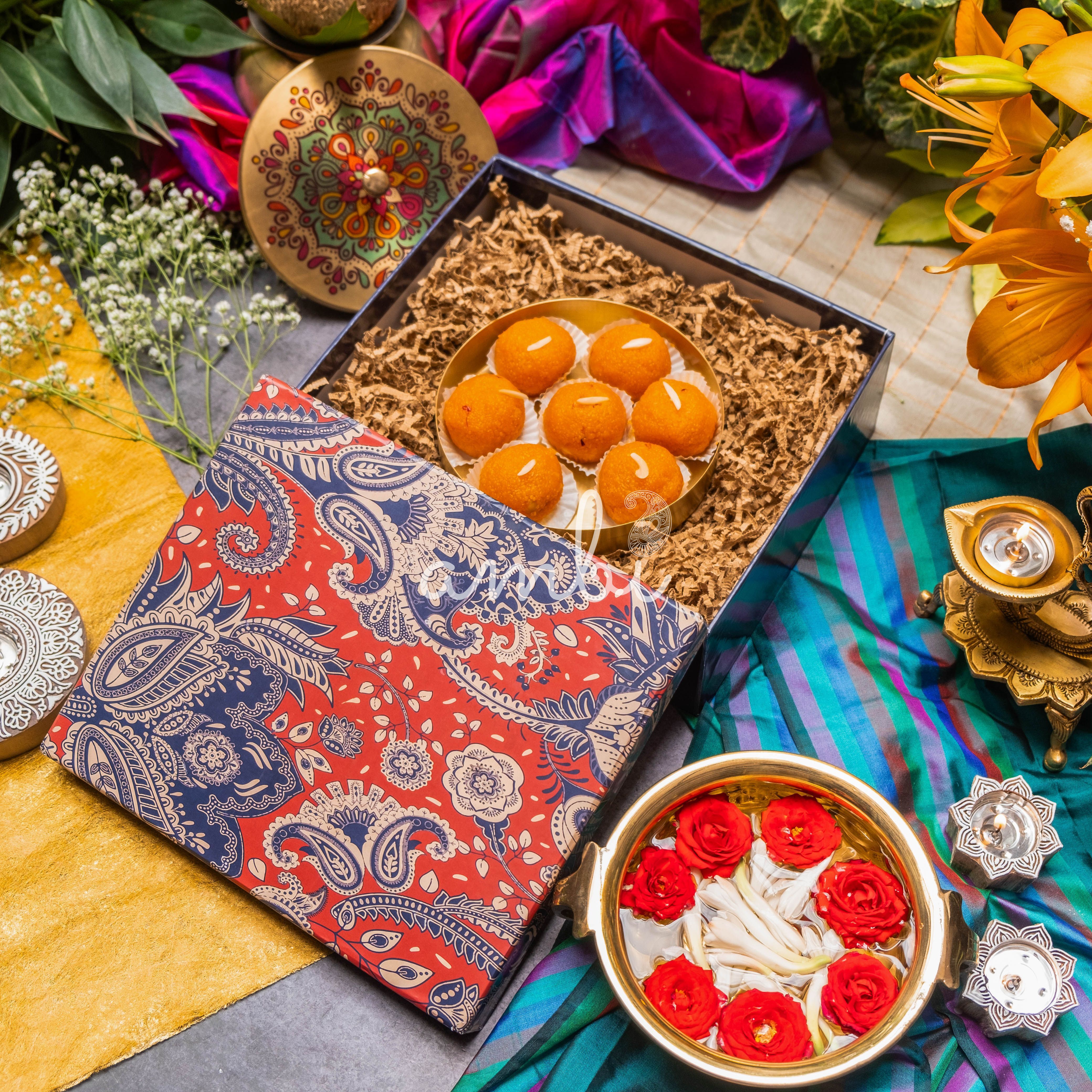 Ambi Gift of Sweetness : 1 Pure Brass Floral Hand-Painted Finish Box - 6.5 Inch