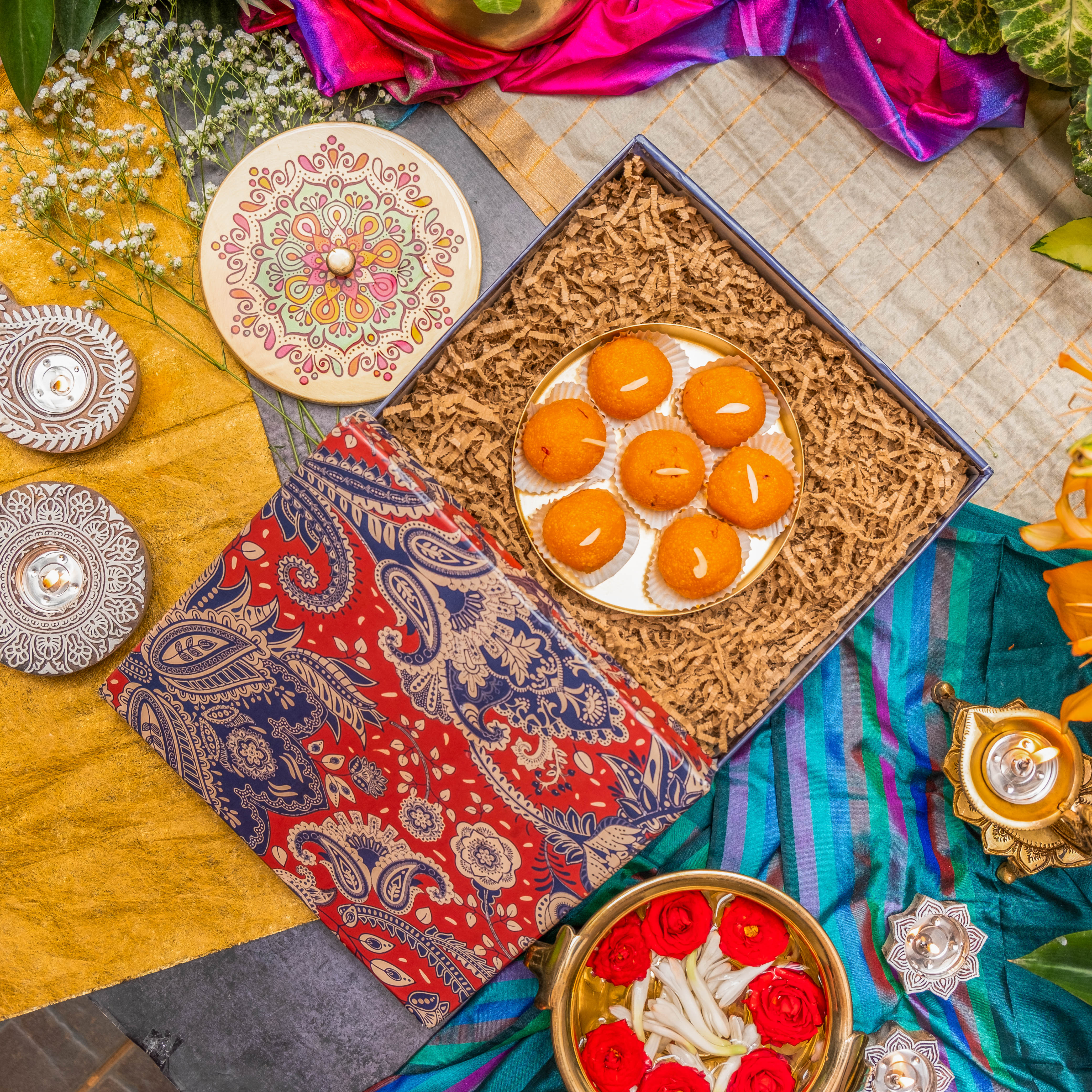 Ambi Gift of Sweetness : 1 Pure Brass Floral Hand-Painted Ladoo Box in a Gift Box