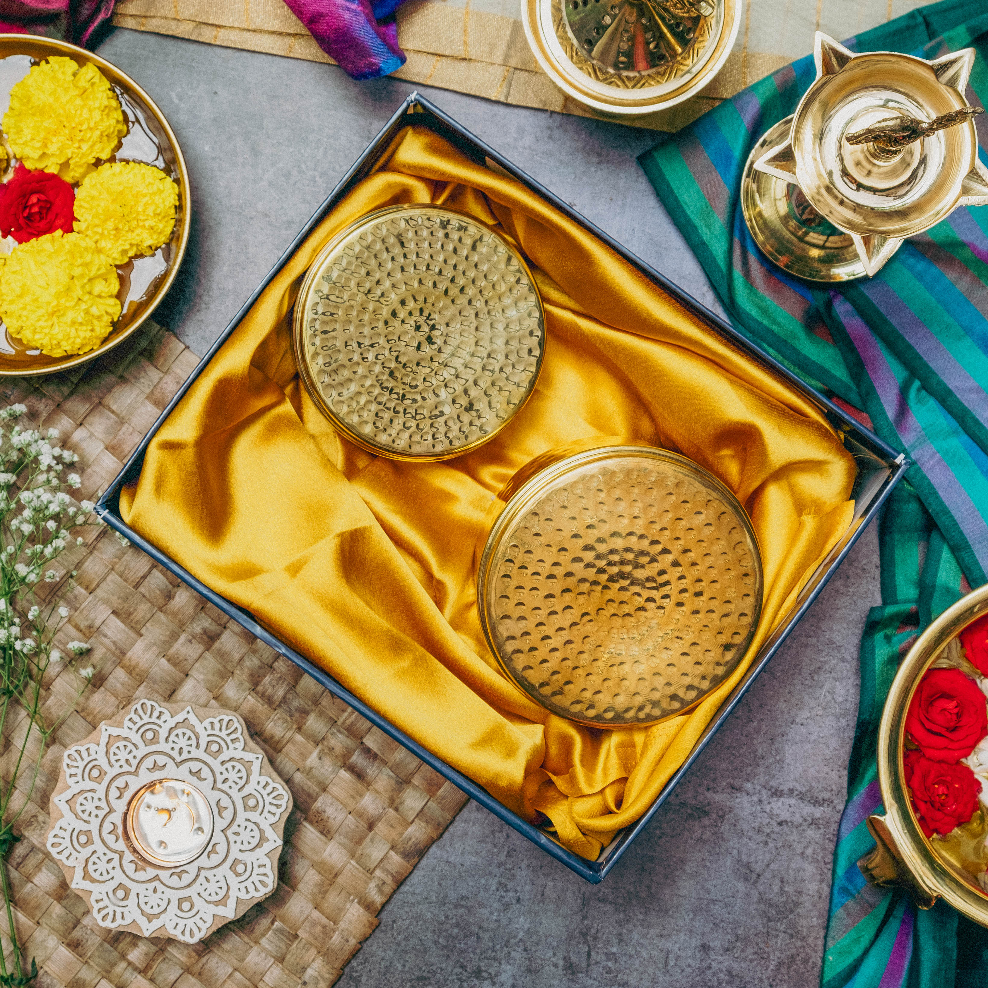 Ambi Gift of Royalty : 2 Pure Brass Hammered Storage Box