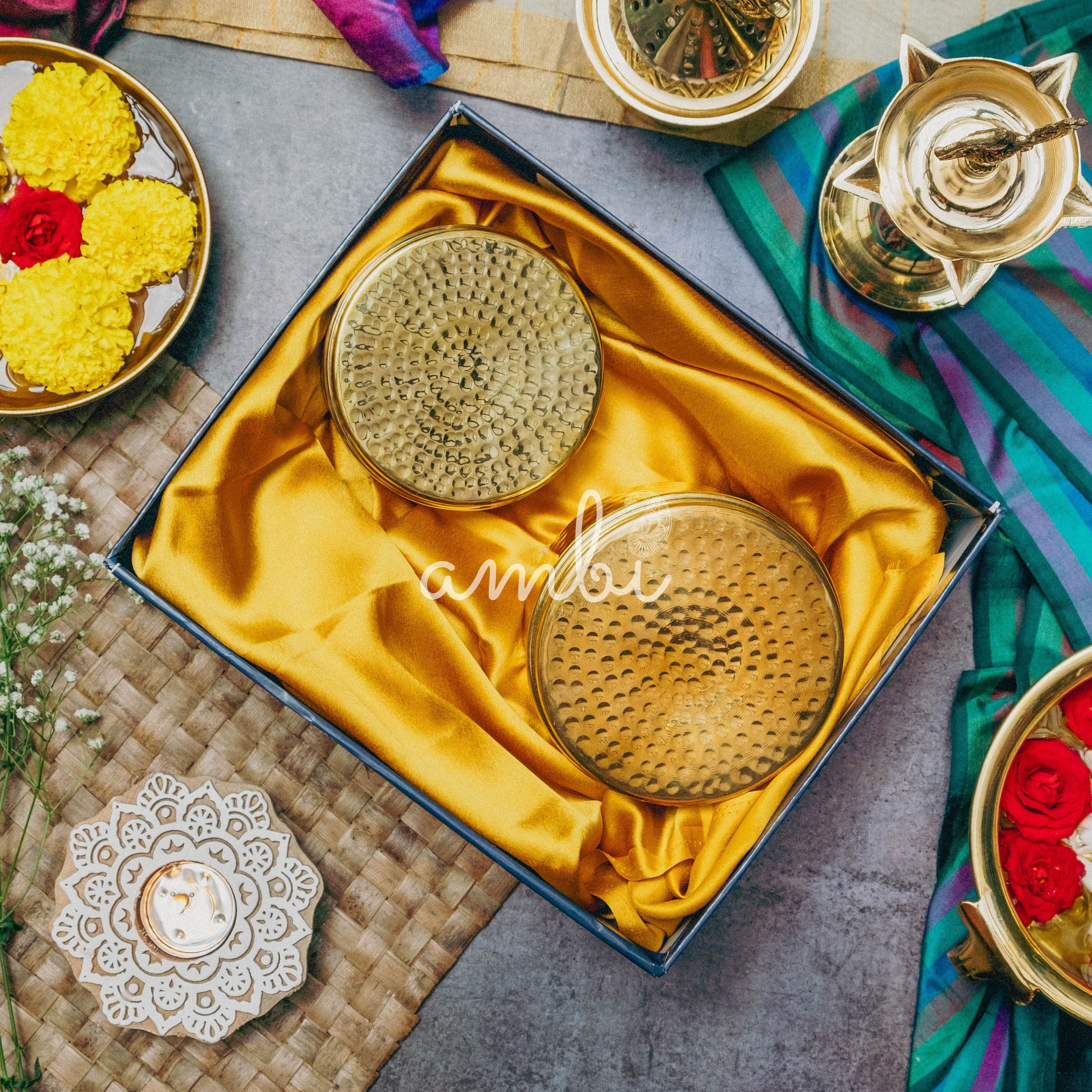 Ambi Gift of Royalty : 2 Pure Brass Hammered Storage Box