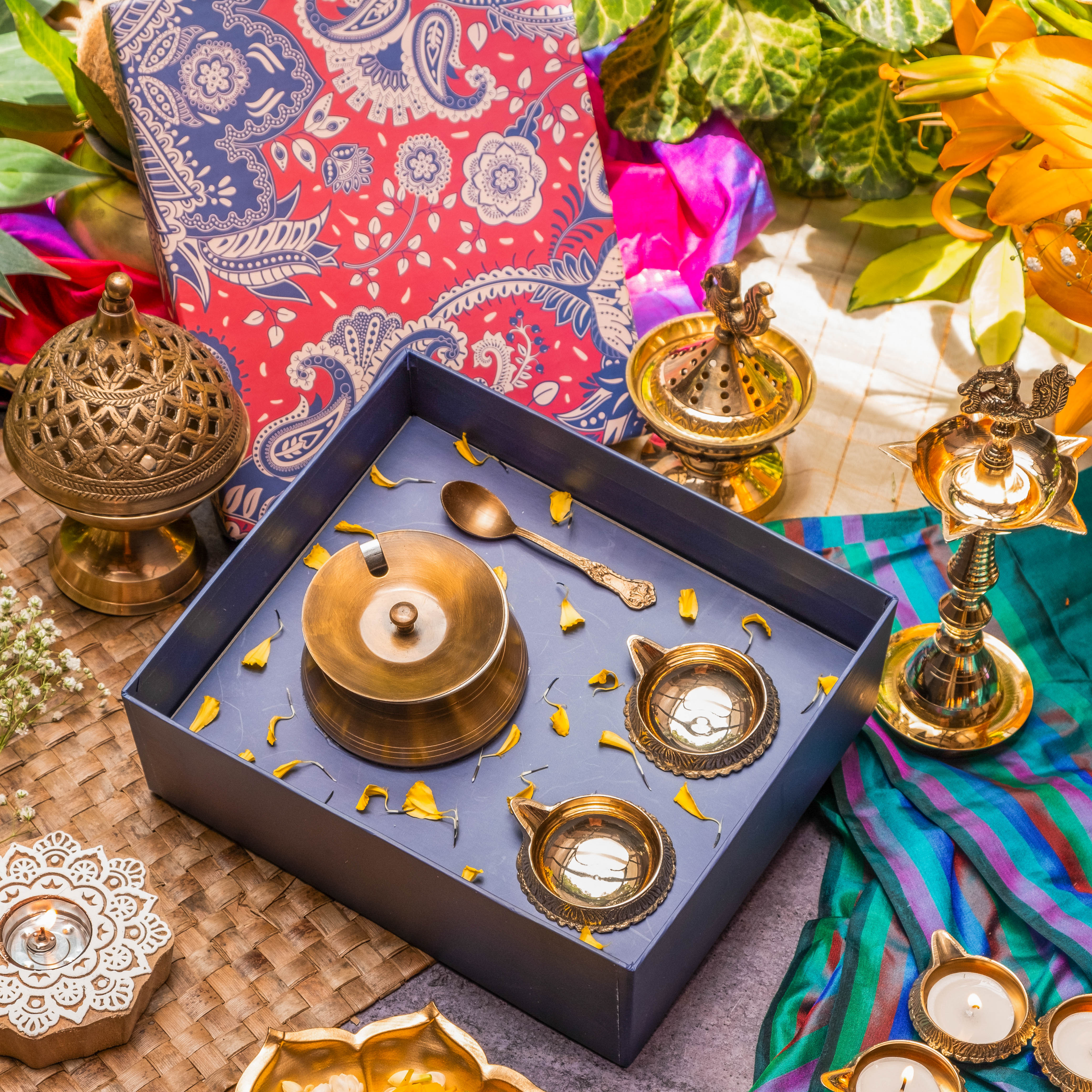 Ambi Gift of Purity : 1 Pure Brass Ghee Pot and 2 Pure Brass Diyas in a Gift Box