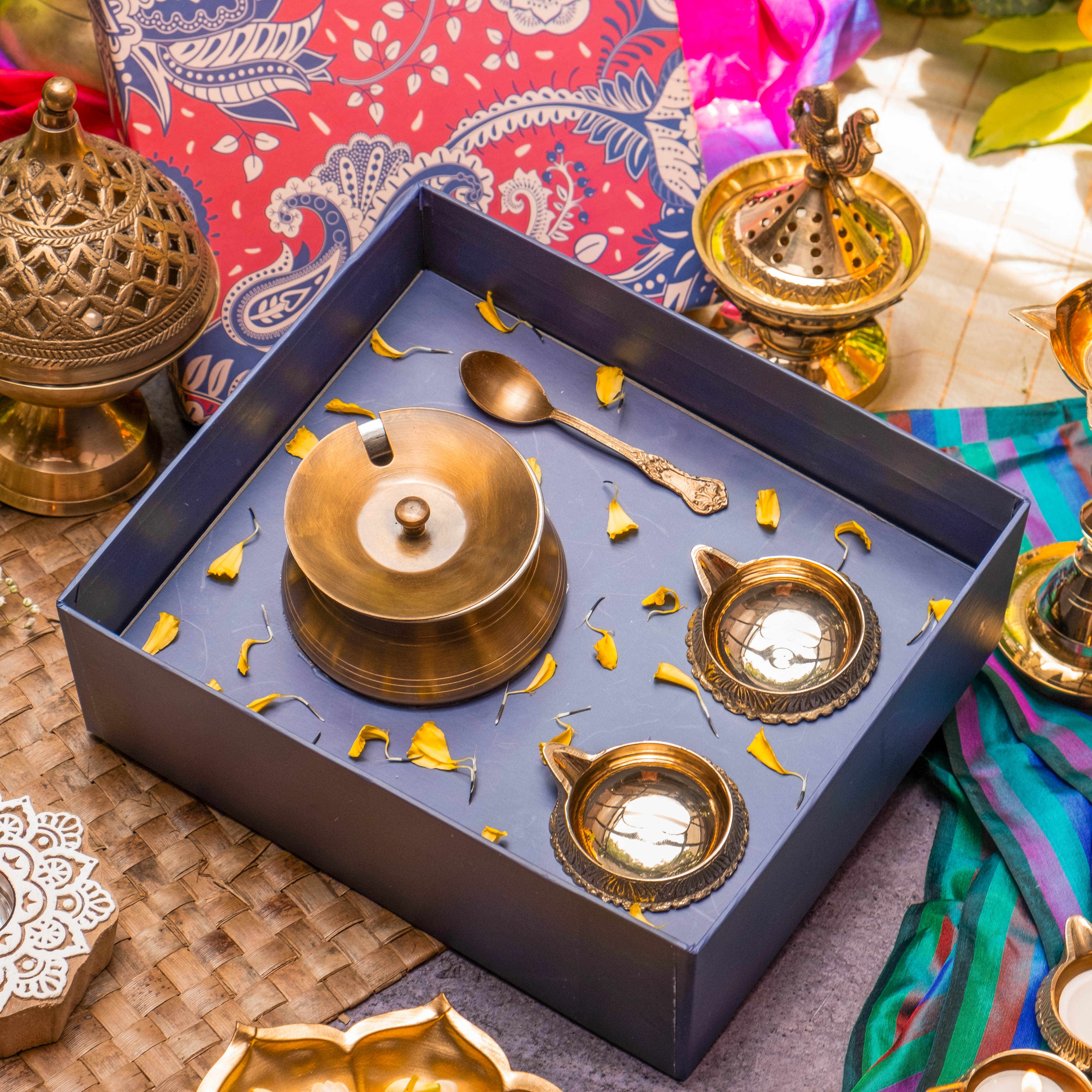 Ambi Gift of Purity : 1 Pure Brass Ghee Pot and 2 Pure Brass Diyas in a Gift Box