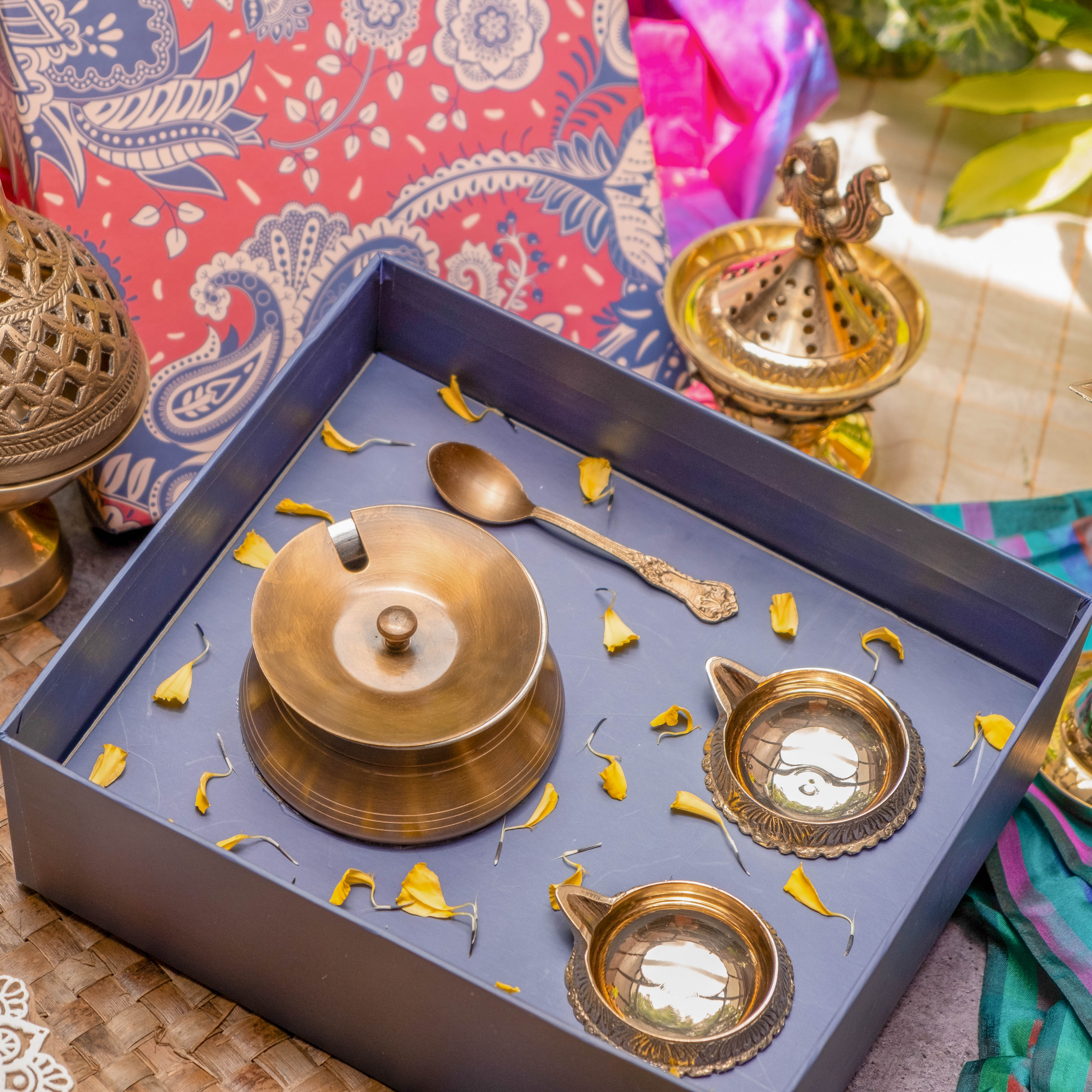 Ambi Gift of Purity : 1 Pure Brass Ghee Pot and 2 Pure Brass Diyas in a Gift Box