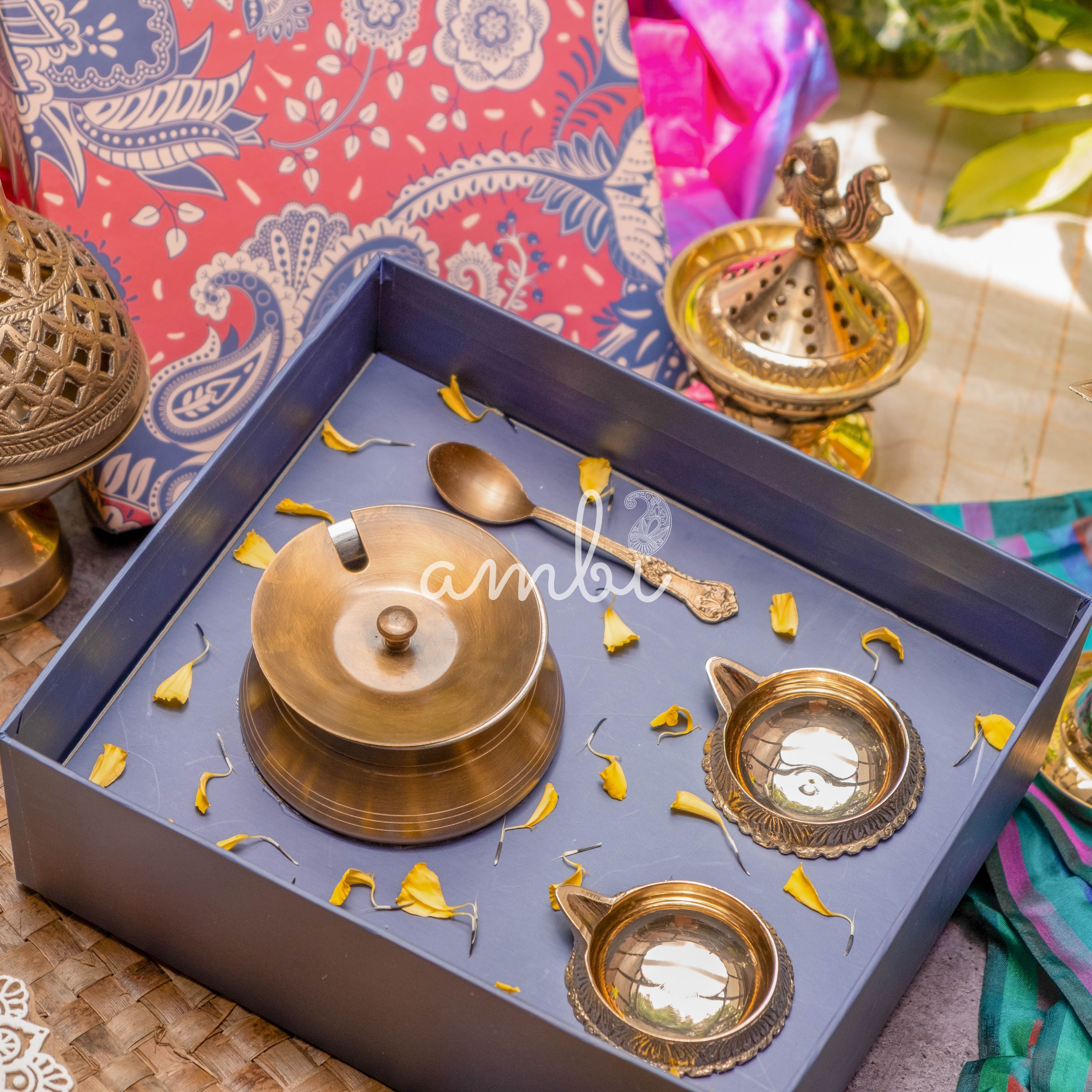 Ambi Gift of Purity : 1 Pure Brass Ghee Pot and 2 Pure Brass Diyas in a Gift Box