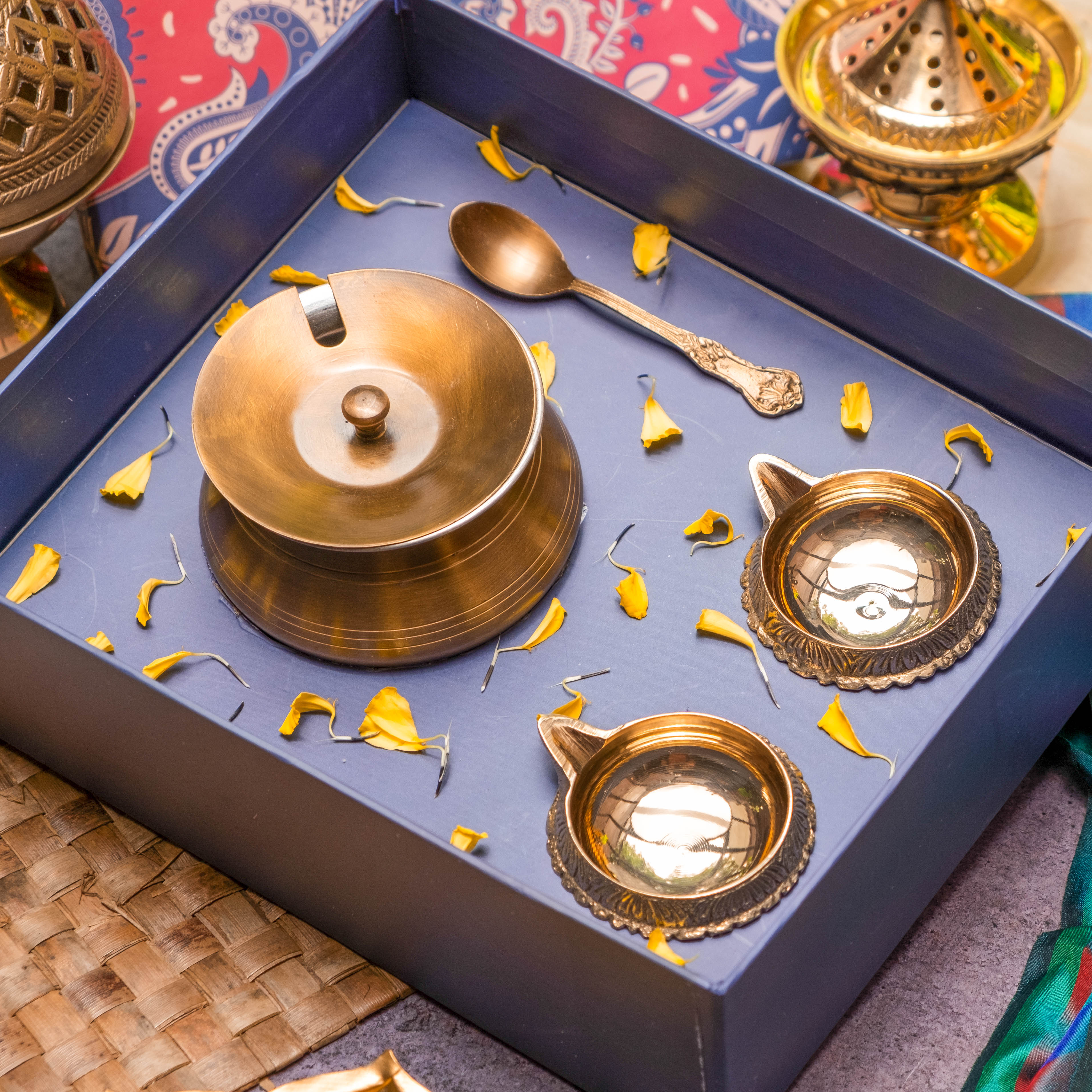 Ambi Gift of Purity : 1 Pure Brass Ghee Pot and 2 Pure Brass Diyas in a Gift Box