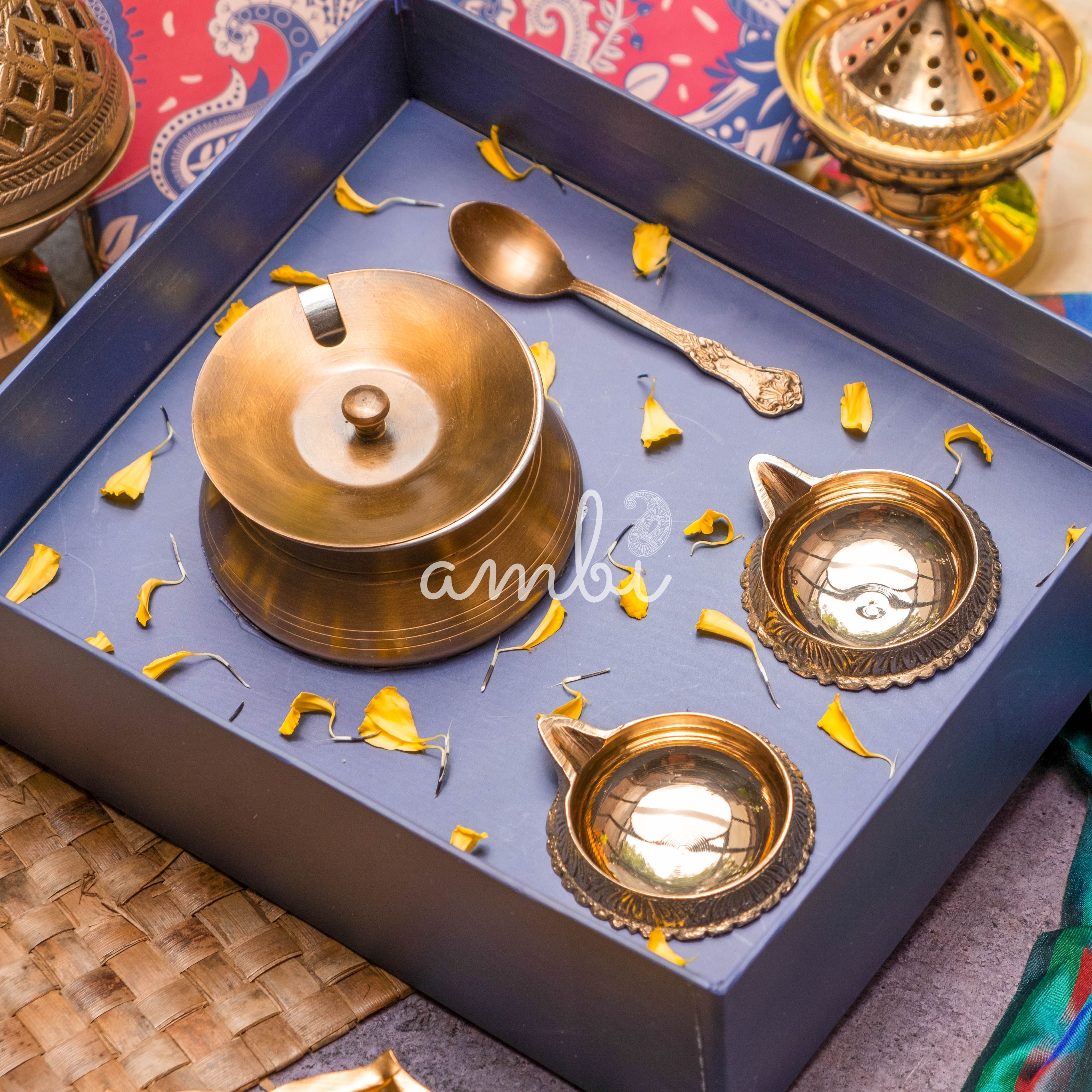 Ambi Gift of Purity : 1 Pure Brass Ghee Pot and 2 Pure Brass Diyas in a Gift Box
