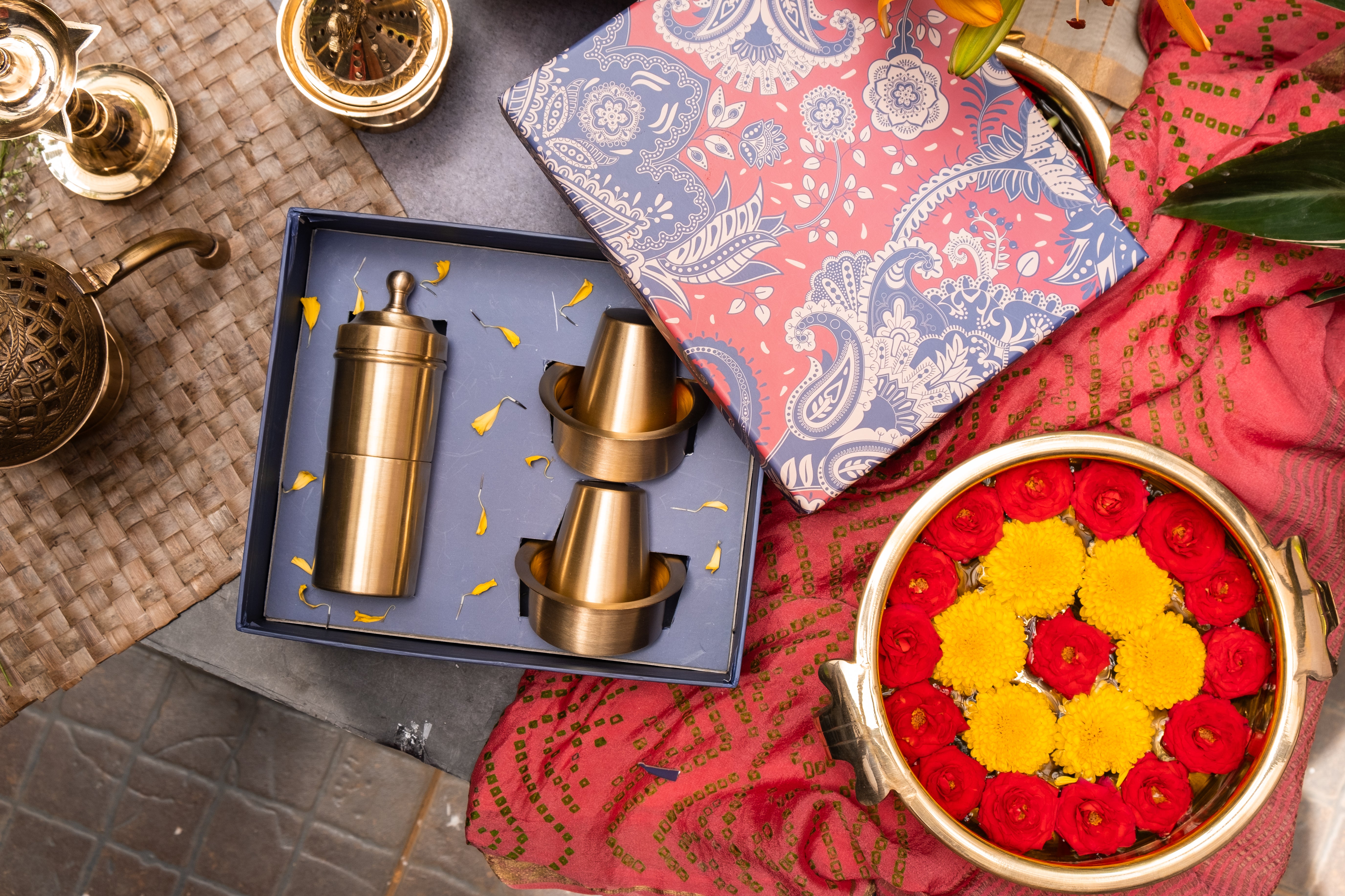 Ambi Gift of Aroma : Pure Brass Coffee Filter and 2 Dabara Cup Set in a Gift Box