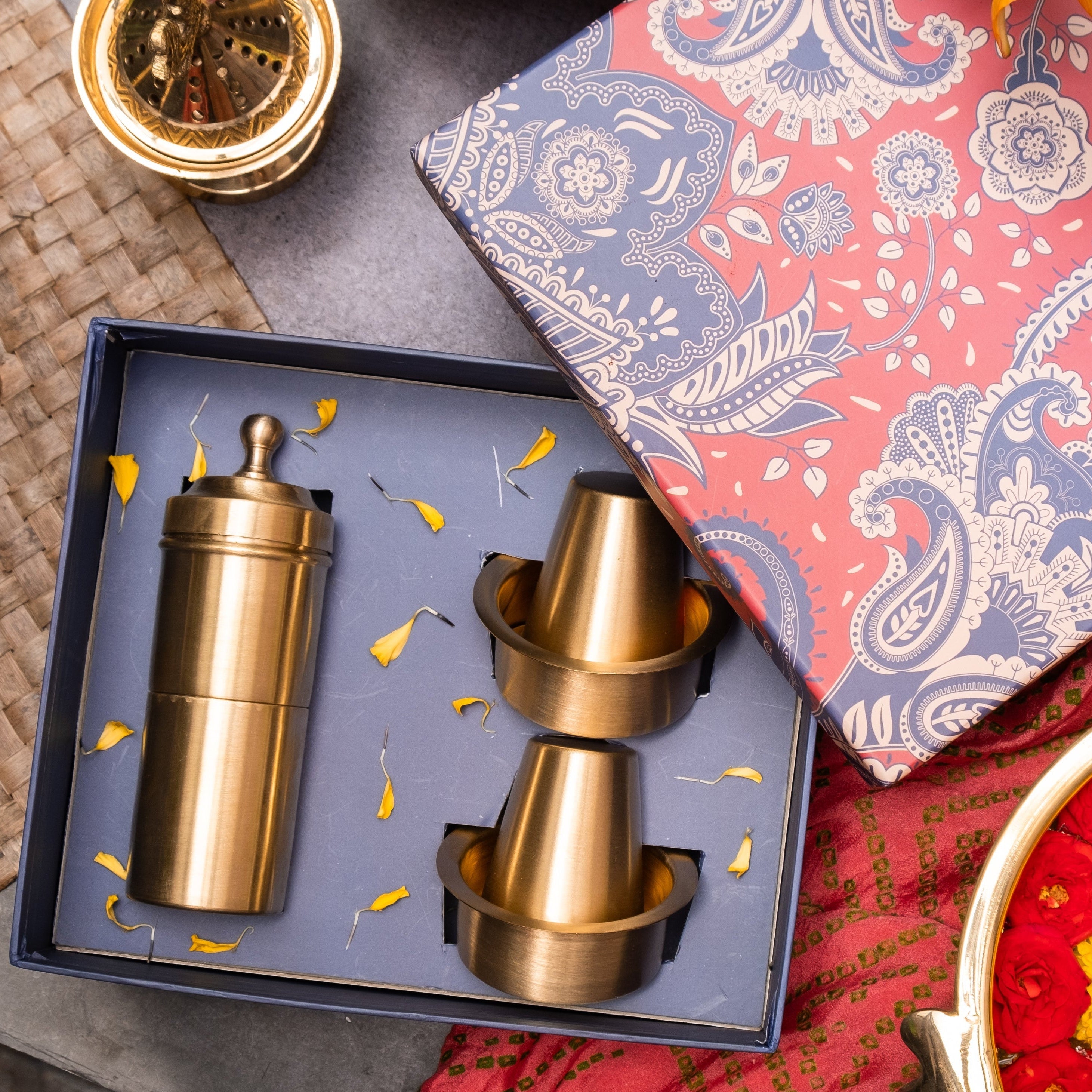 Ambi The Gift of Morning Ritual: Pure Brass Coffee Filter and 2 Dabara Cup Set in a Gift Box