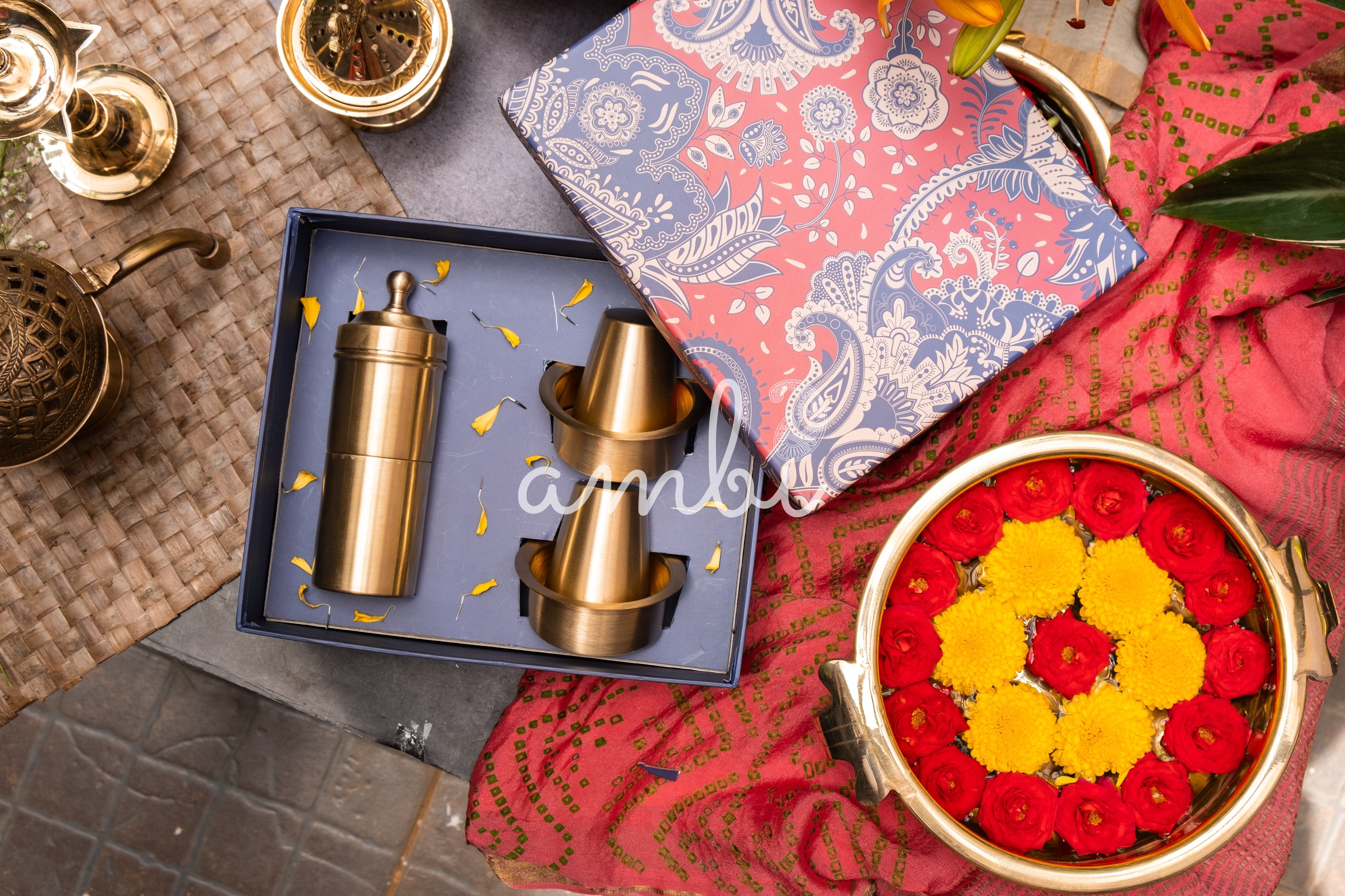 Ambi Gift of Aroma : Pure Brass Coffee Filter and 2 Dabara Cup Set in a Gift Box