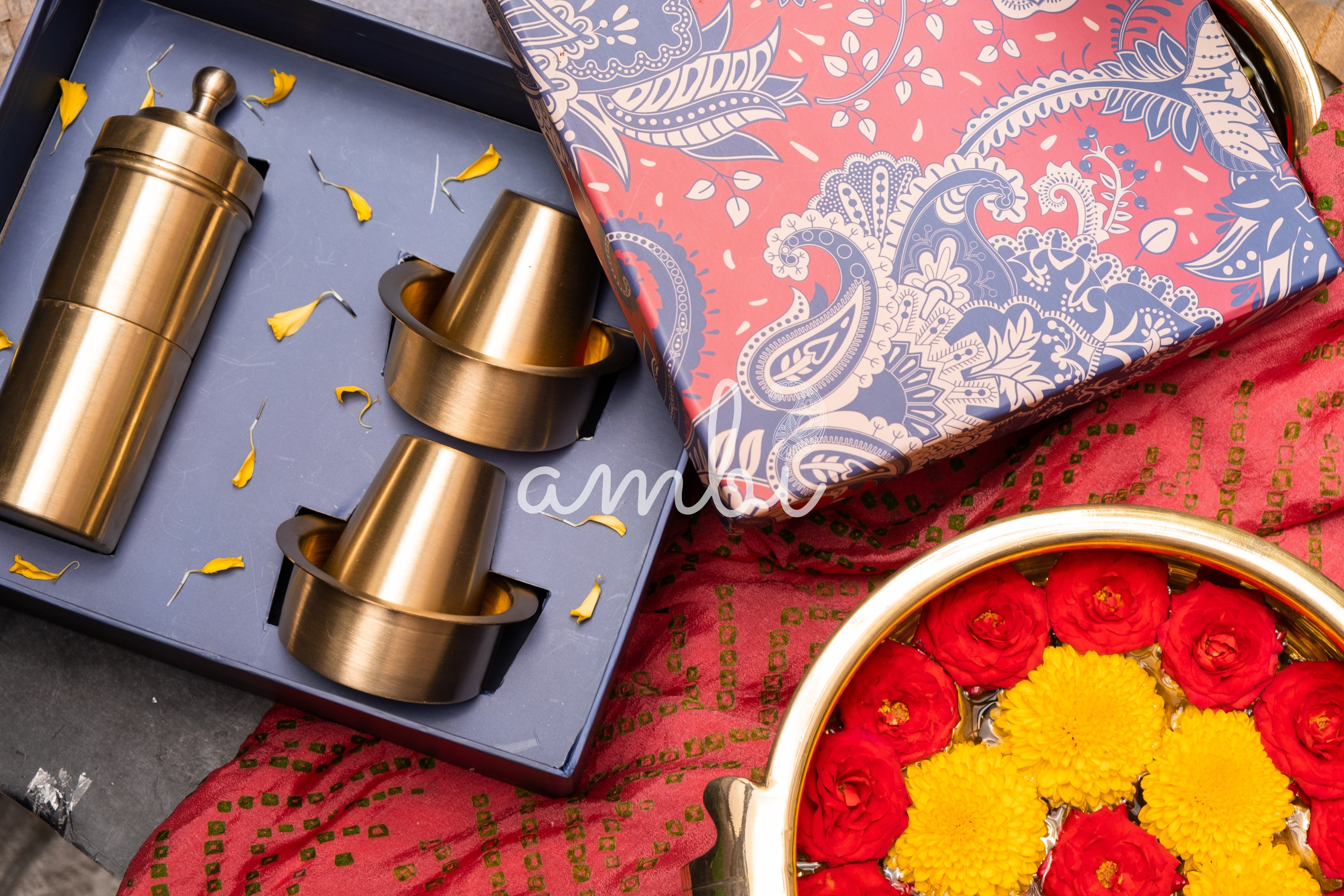 Ambi Gift of Aroma : Pure Brass Coffee Filter and 2 Dabara Cup Set in a Gift Box