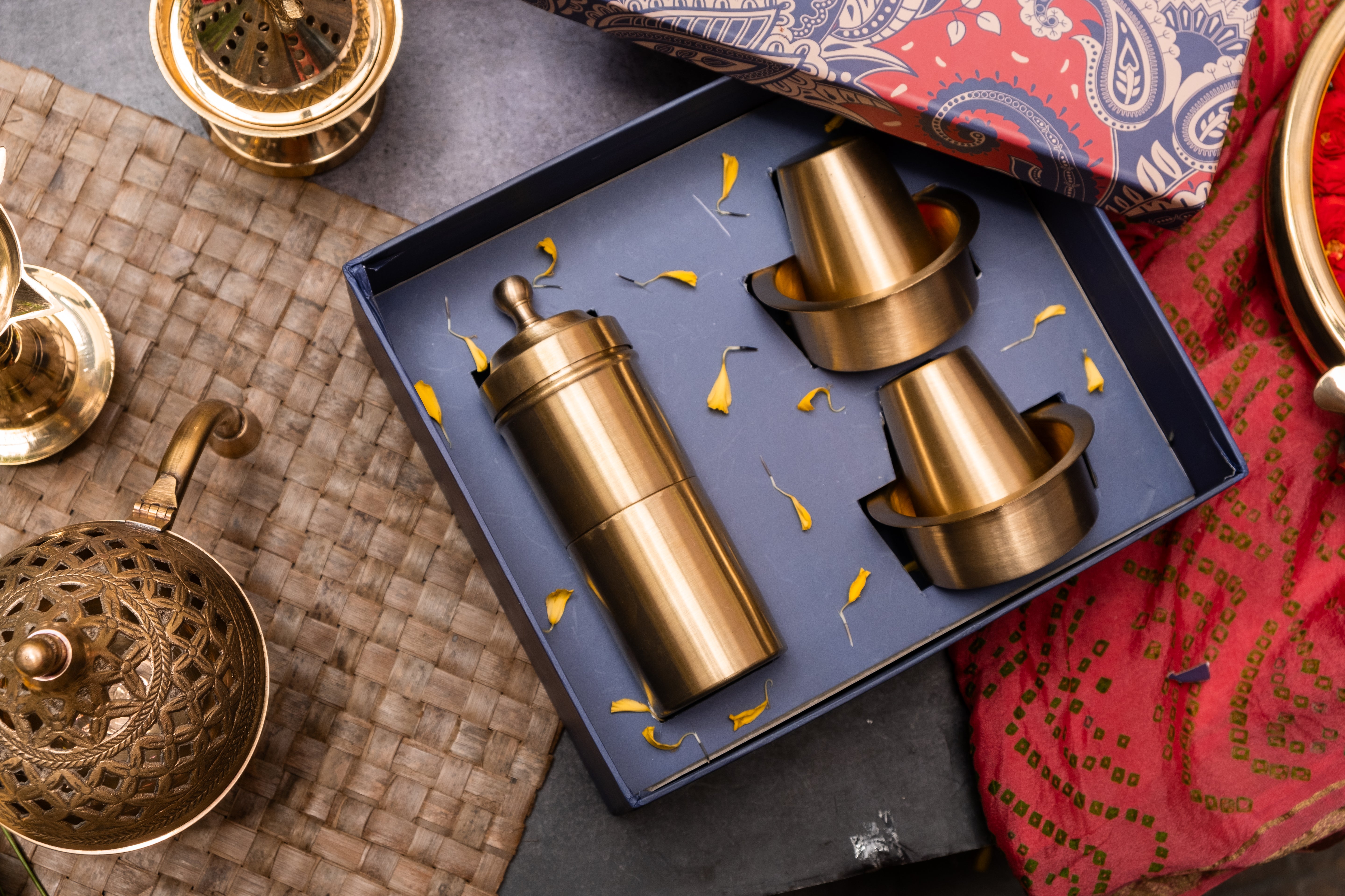 Ambi Gift of Aroma : Pure Brass Coffee Filter and 2 Dabara Cup Set in a Gift Box