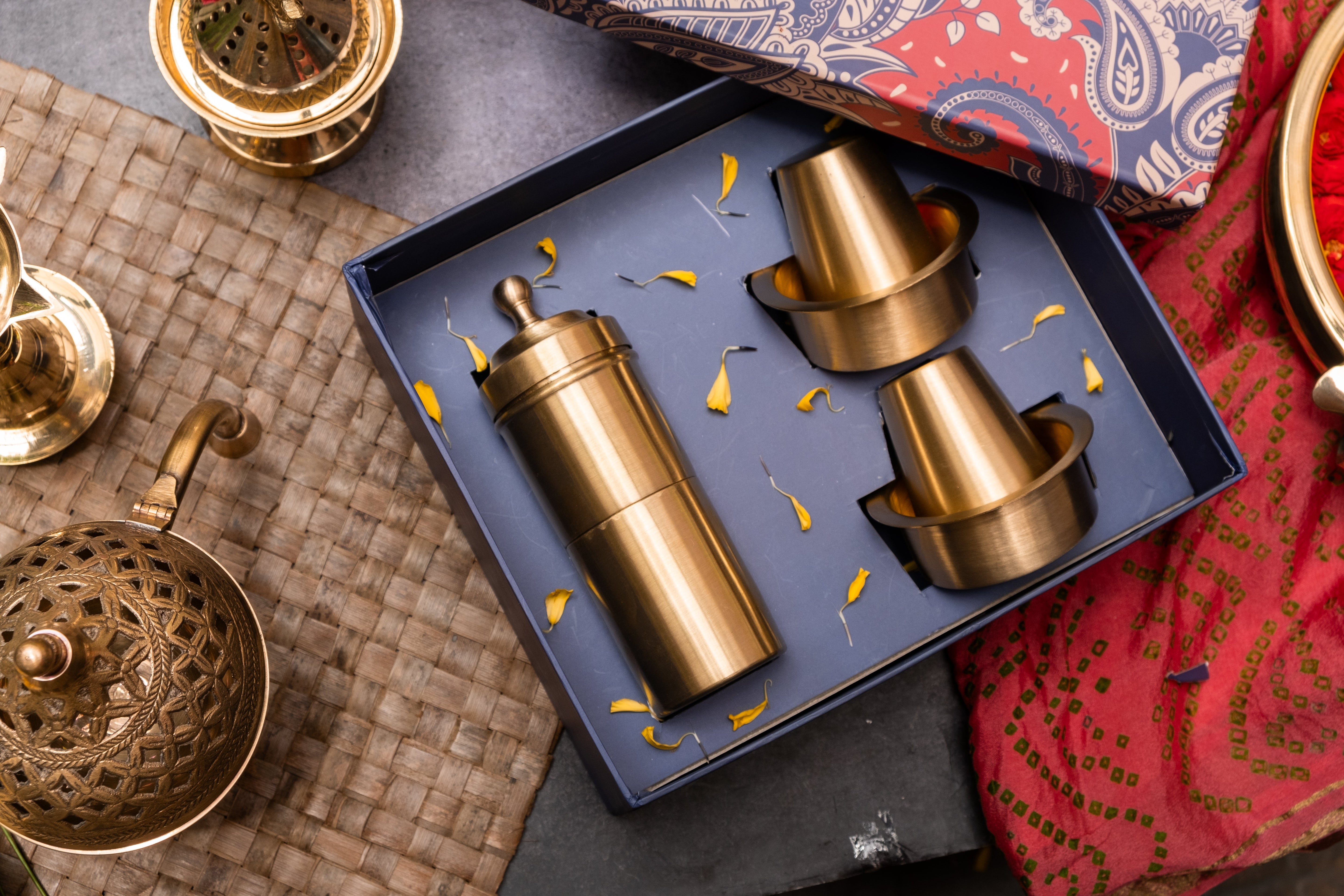 Ambi The Gift of Morning Ritual: Pure Brass Coffee Filter and 2 Dabara Cup Set in a Gift Box