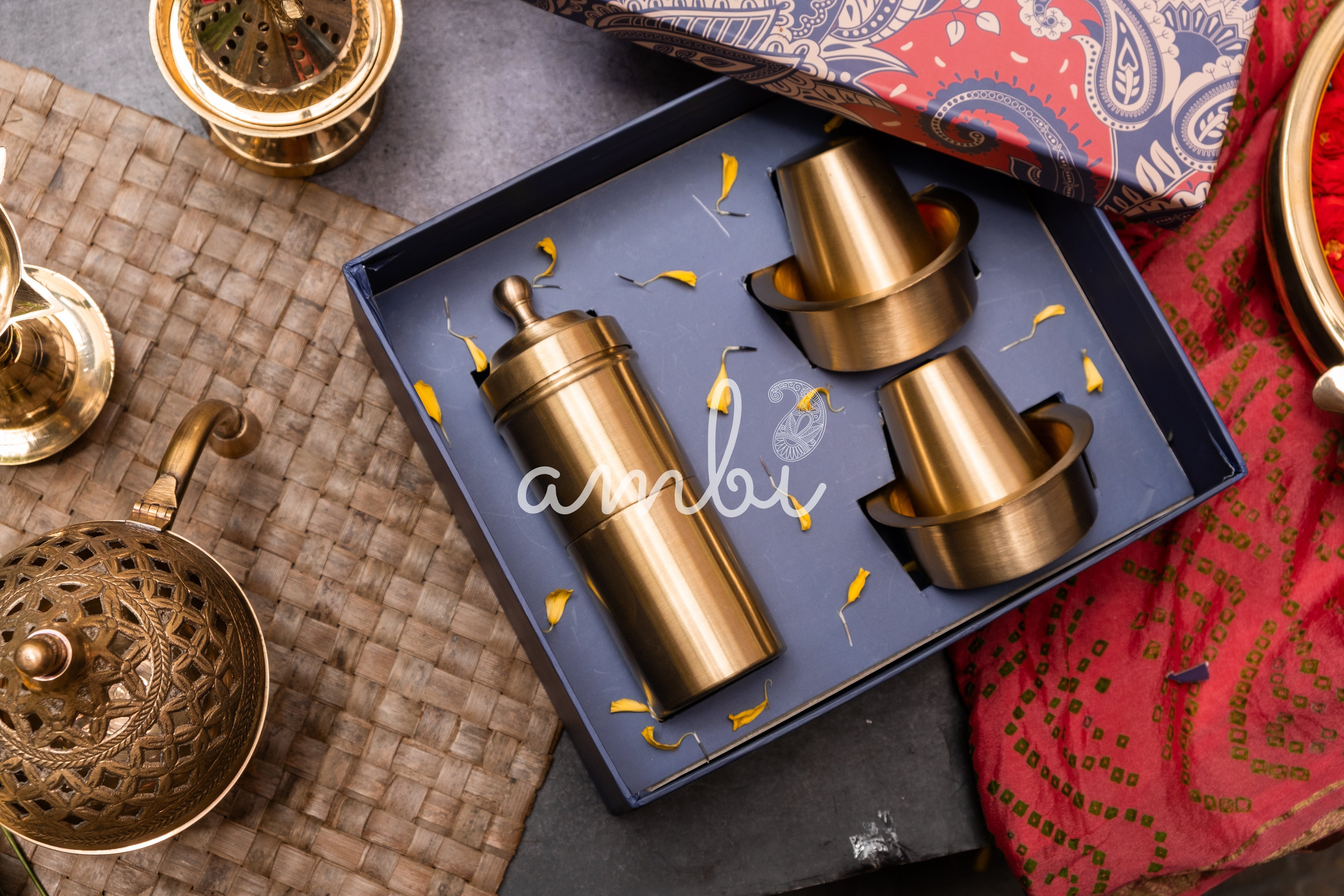 Ambi Gift of Aroma : Pure Brass Coffee Filter and 2 Dabara Cup Set in a Gift Box