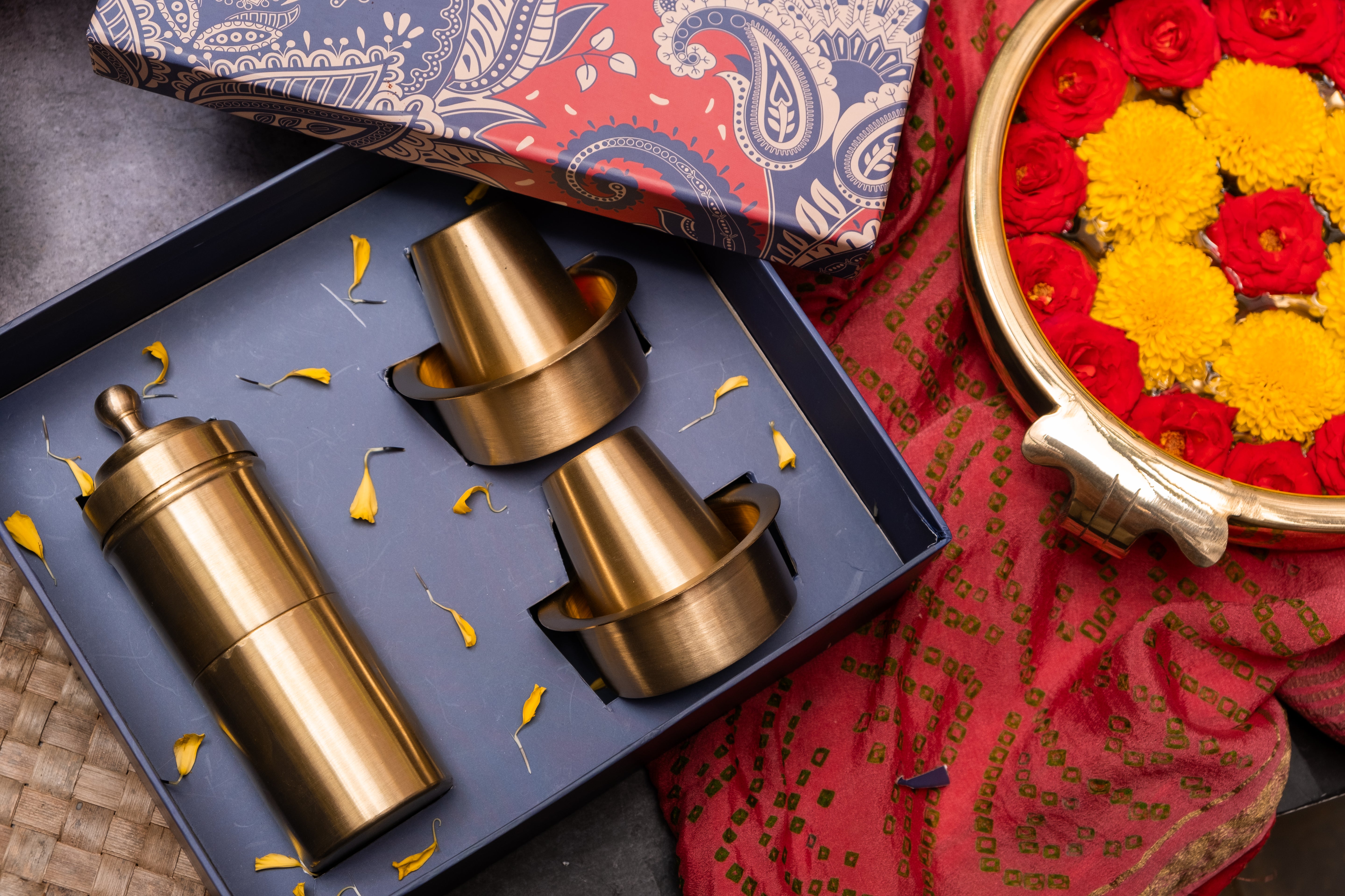 Ambi Gift of Aroma : Pure Brass Coffee Filter and 2 Dabara Cup Set in a Gift Box