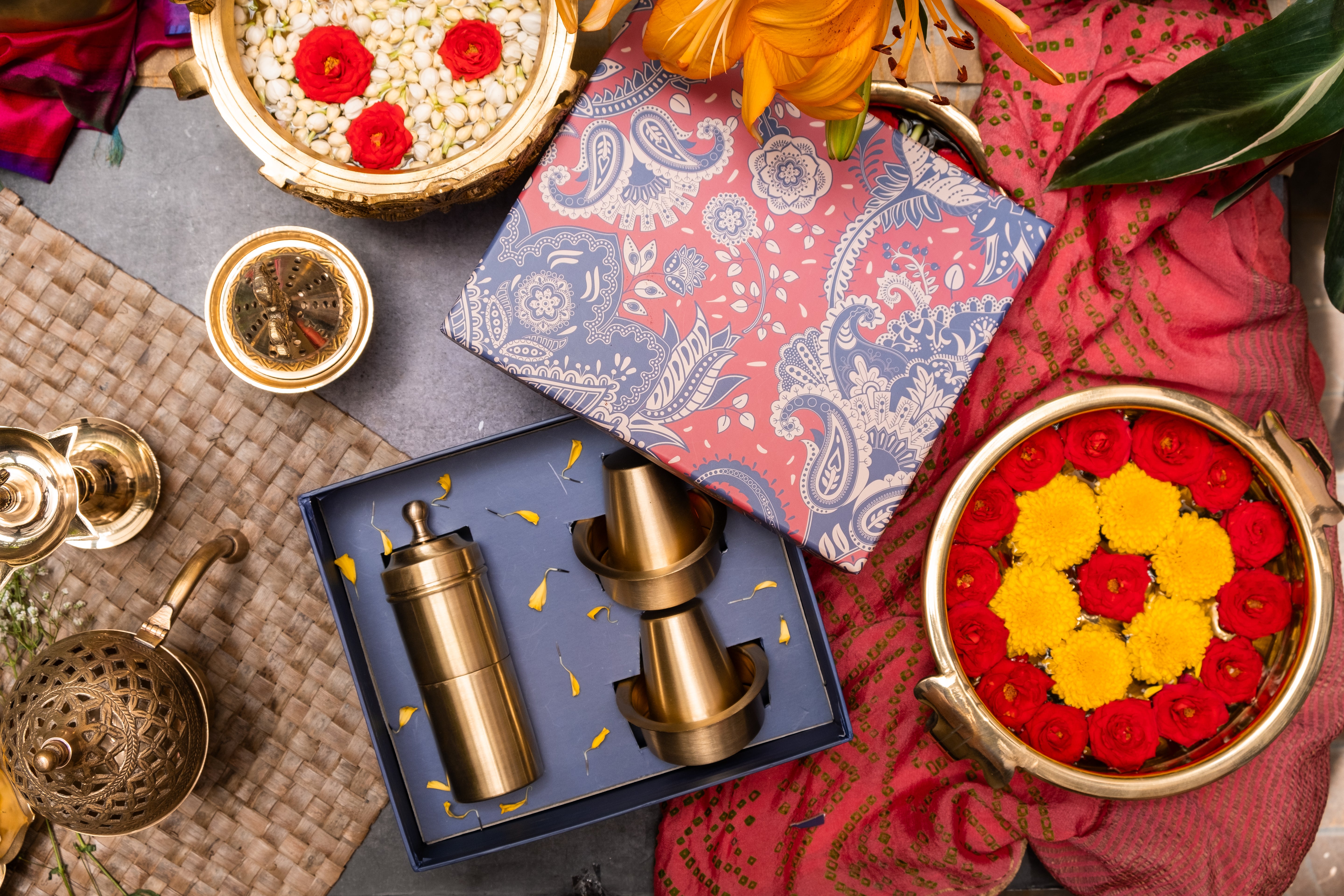 Ambi Gift of Aroma : Pure Brass Coffee Filter and 2 Dabara Cup Set in a Gift Box
