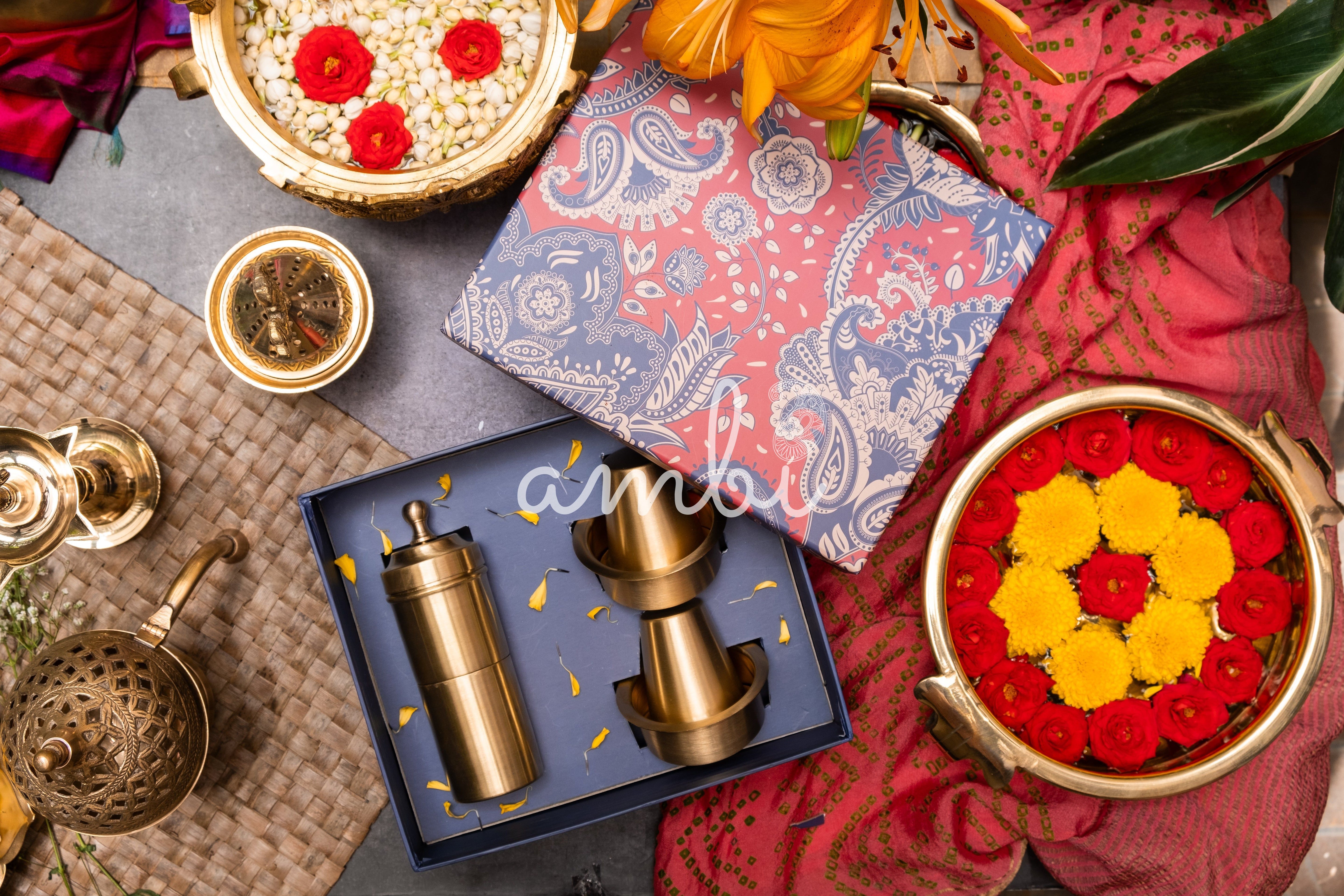 Ambi Gift of Aroma : Pure Brass Coffee Filter and 2 Dabara Cup Set in a Gift Box