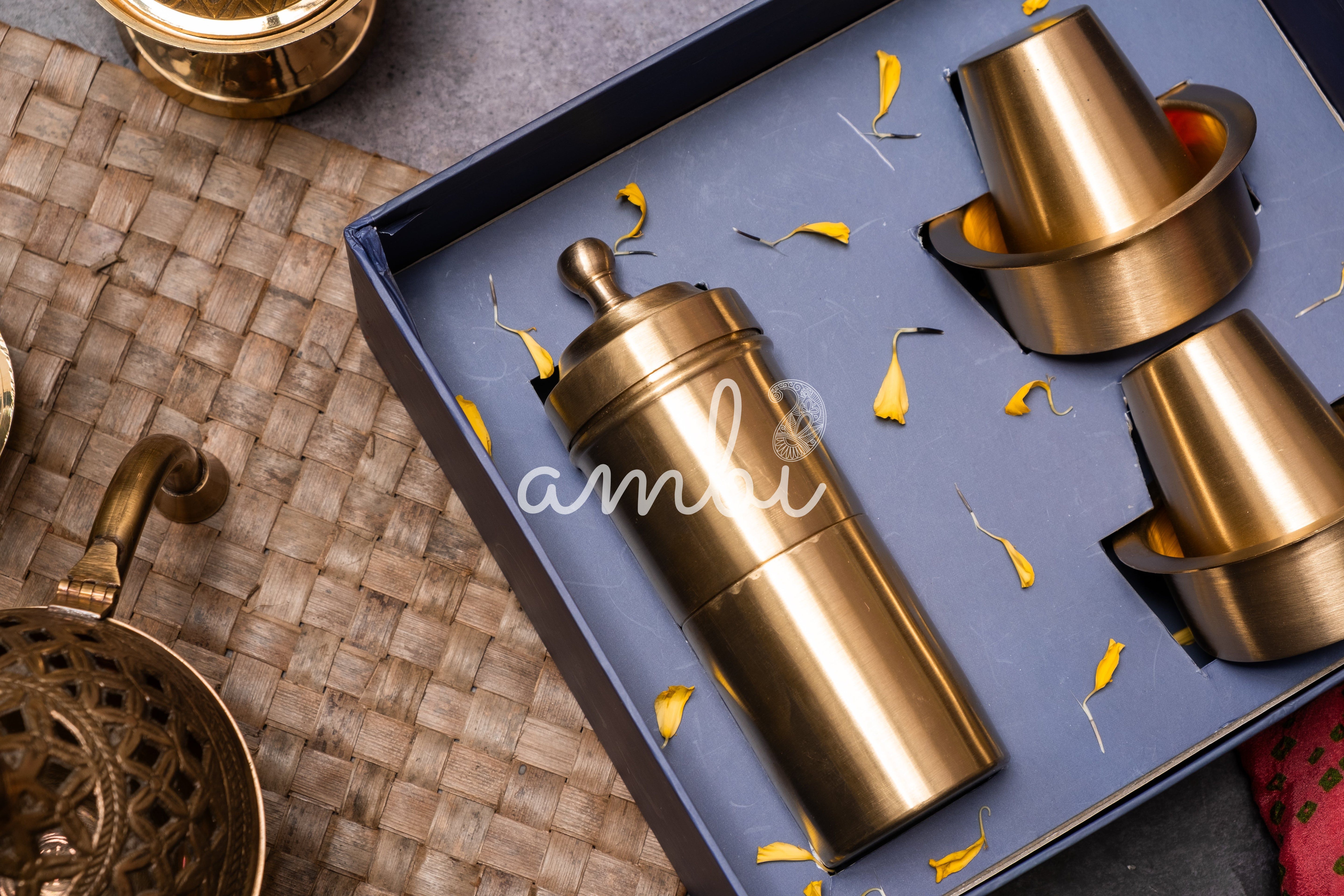 Ambi Gift of Aroma : Pure Brass Coffee Filter and 2 Dabara Cup Set in a Gift Box