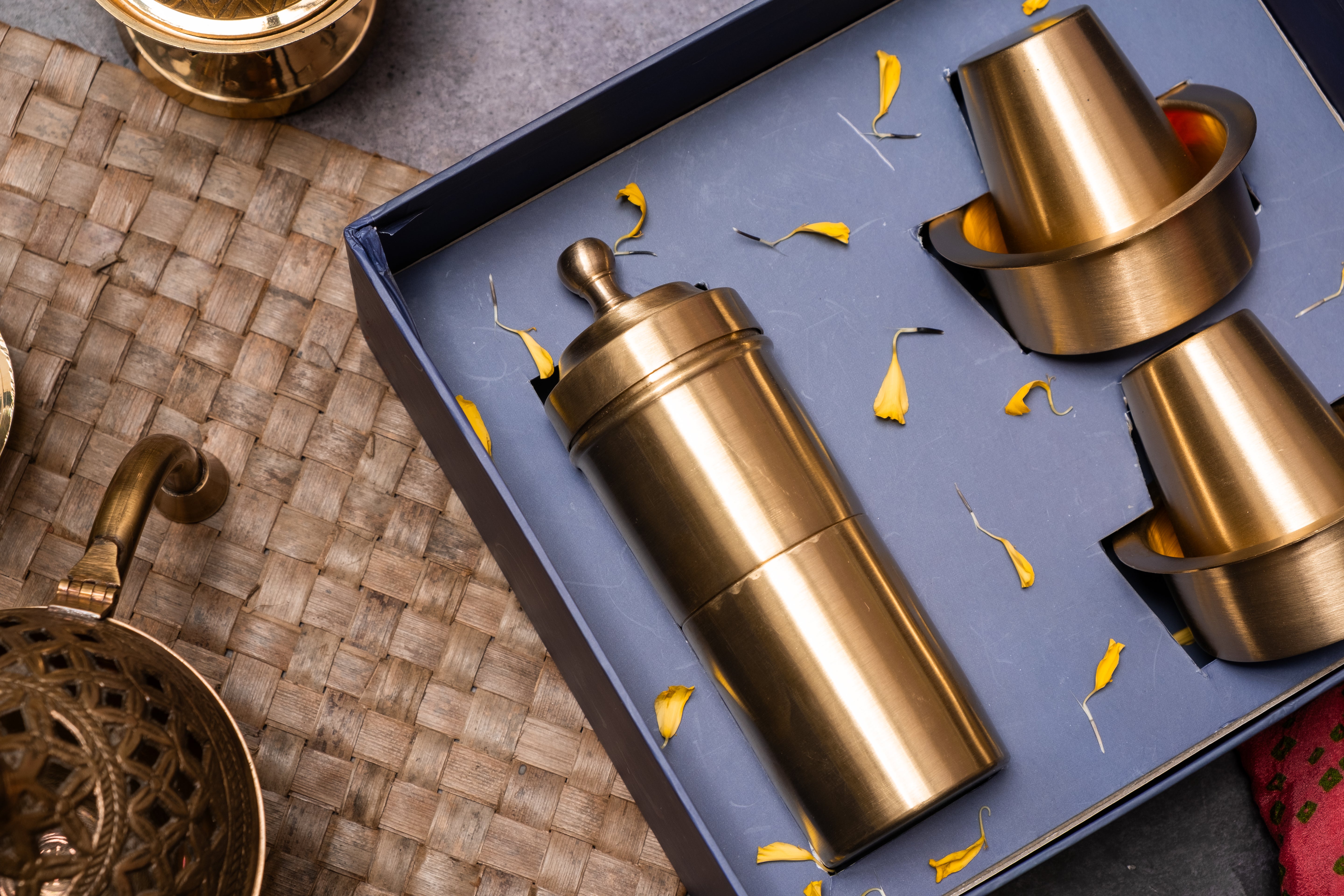 Ambi Gift of Aroma : Pure Brass Coffee Filter and 2 Dabara Cup Set in a Gift Box