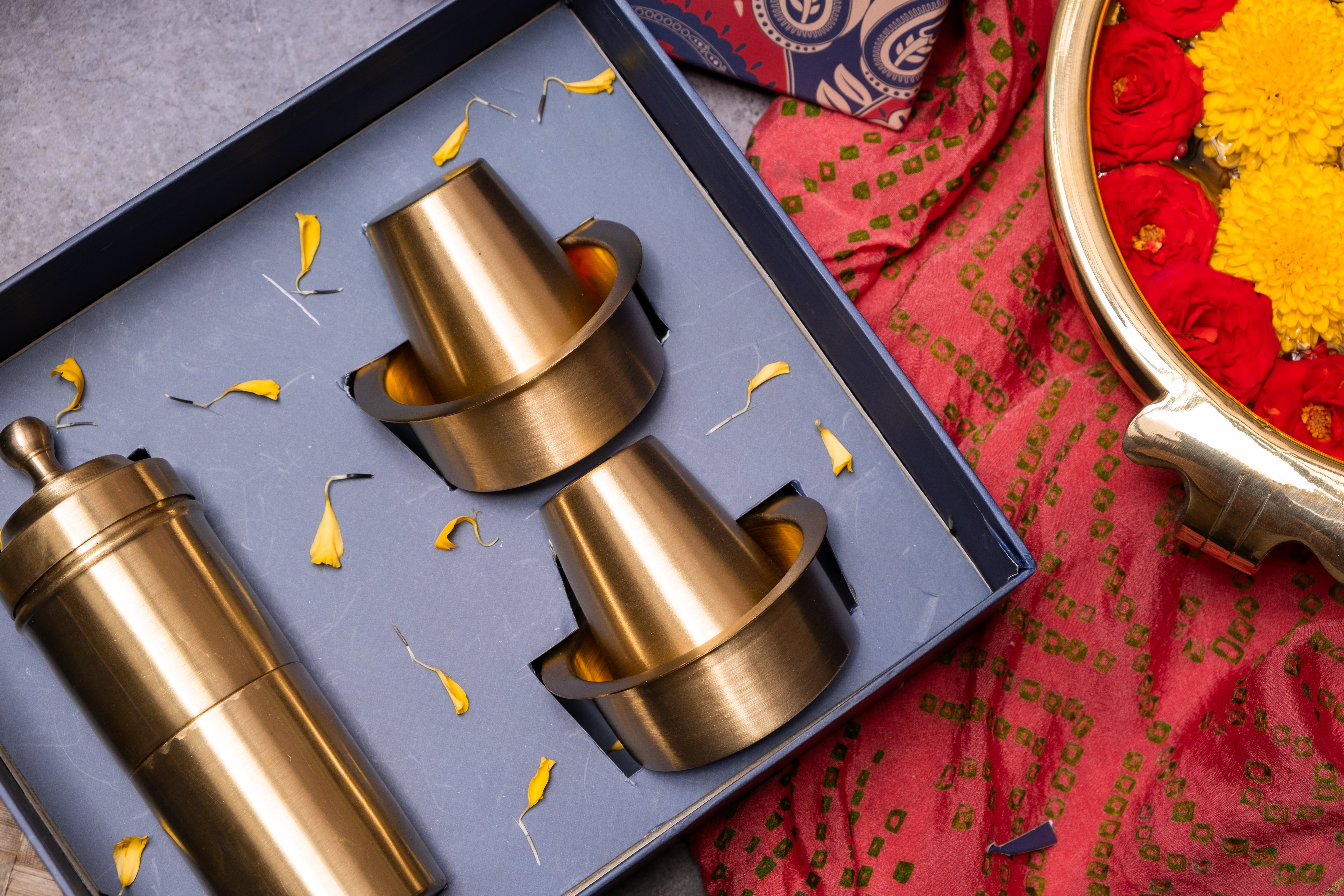 Ambi Gift of Aroma : Pure Brass Coffee Filter and 2 Dabara Cup Set in a Gift Box