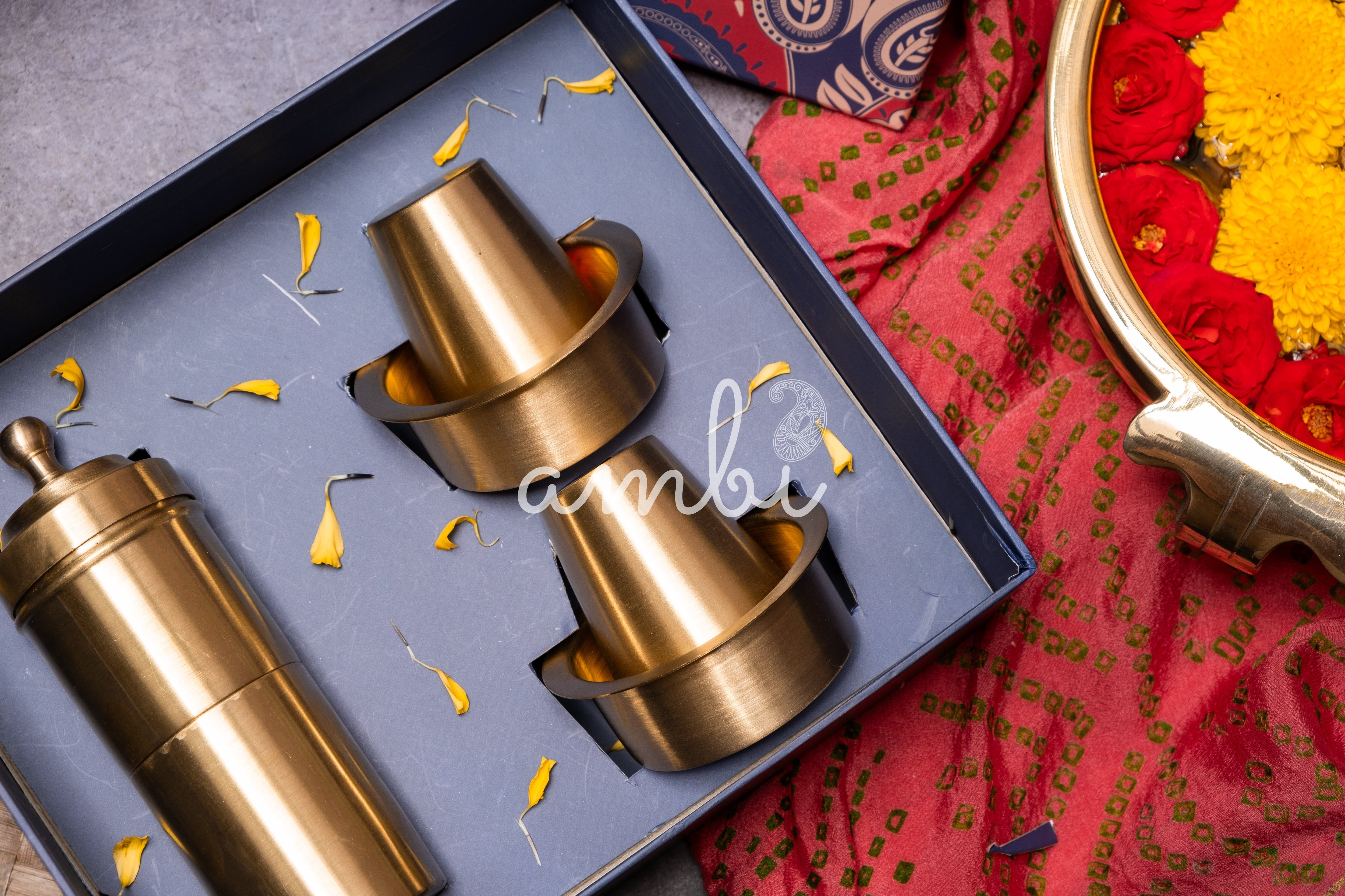 Ambi Gift of Aroma : Pure Brass Coffee Filter and 2 Dabara Cup Set in a Gift Box