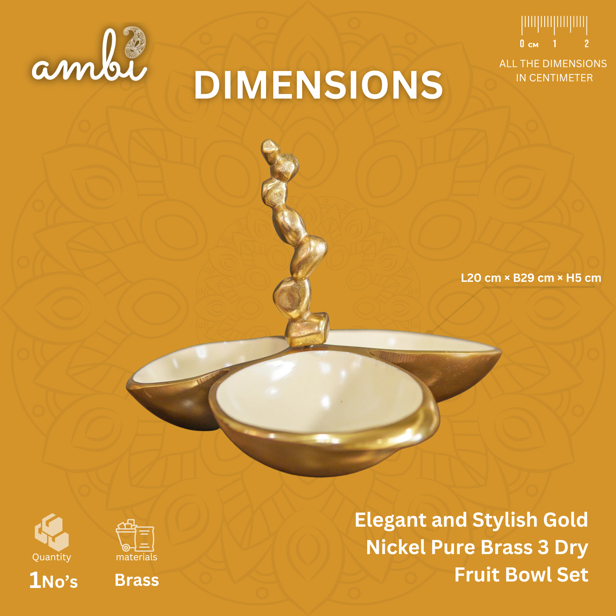 Elegant and Stylish Gold Nickel Pure Brass 3 Dry Fruit Bowl Set