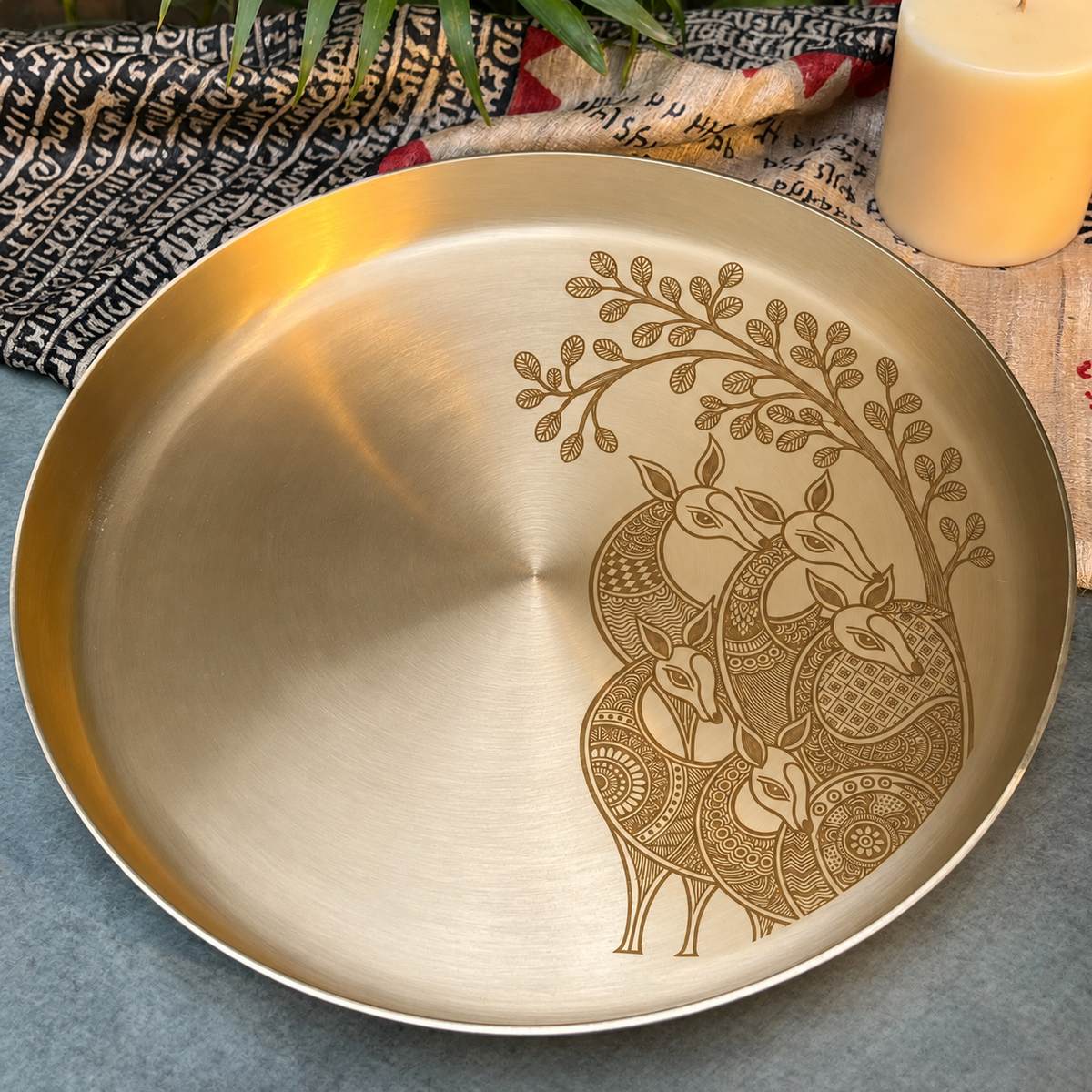 Ambi Mriga Vana Etched Pure Kansa Thali | Gond-Inspired Collection-12 inch