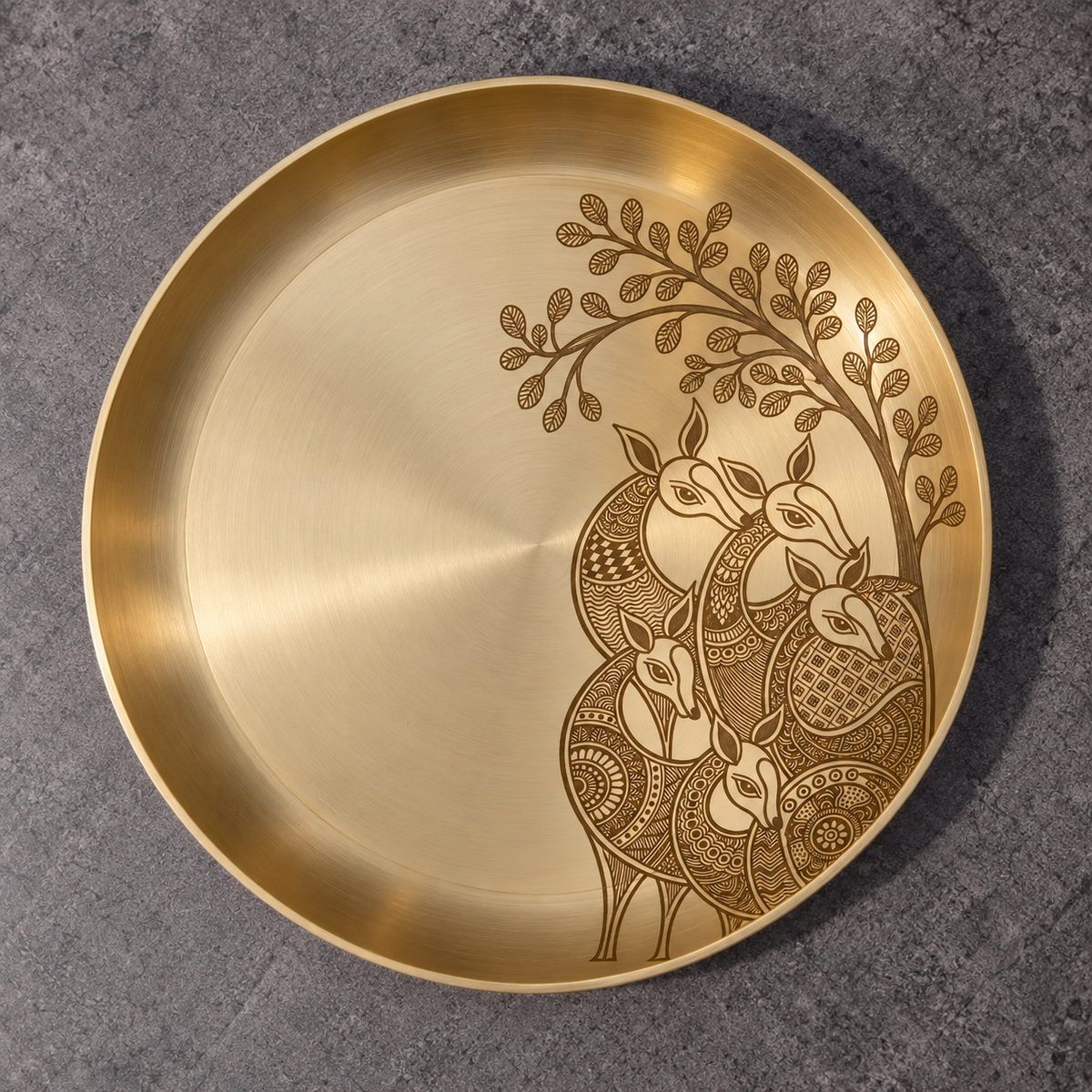 Ambi Mriga Vana Etched Pure Kansa Thali | Gond-Inspired Collection-8 inch