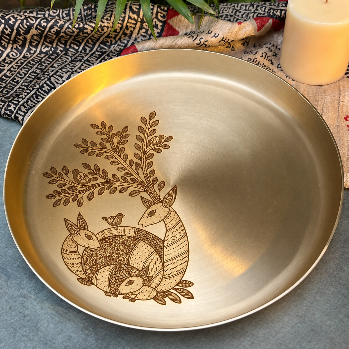 Ambi Mriga Kutumb (The Deer Family) Etched Pure Kansa Thali | Gond-Inspired Collection-12 inch