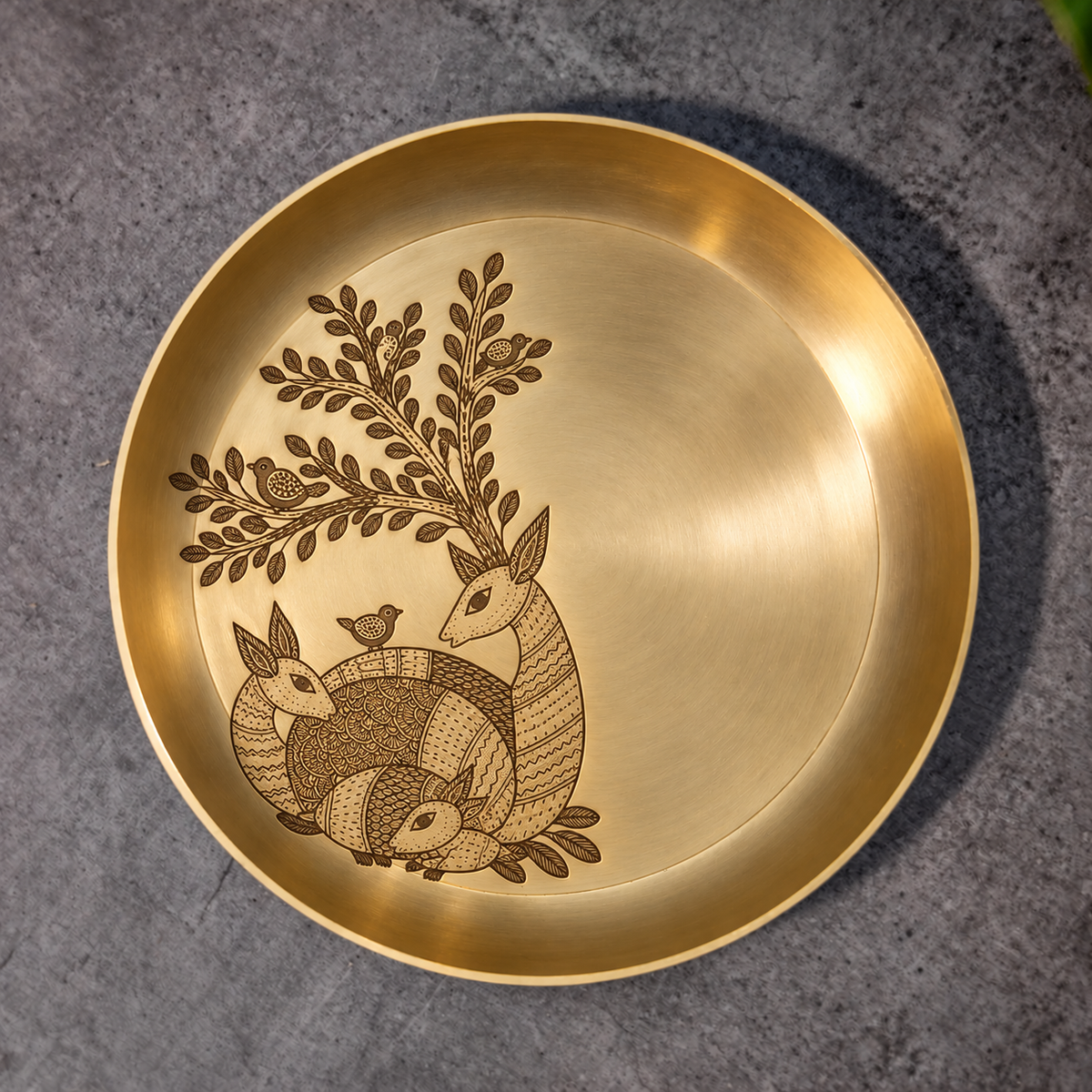 Ambi Mriga Kutumb (The Deer Family) Etched Pure Kansa Thali | Gond-Inspired Collection-8 inch