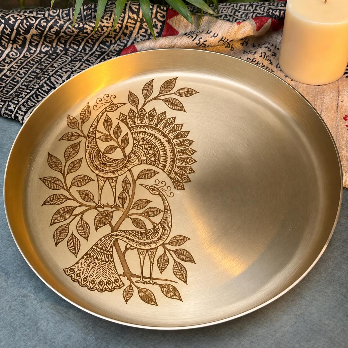 Ambi Mayur Katha (Tales of the Peacock) Etched Pure Kansa Thali | Gond-Inspired Collection-12 inch