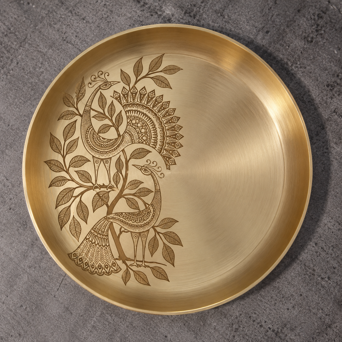 Ambi Mayur Katha (Tales of the Peacock) Etched Pure Kansa Thali | Gond-Inspired Collection-8 inch