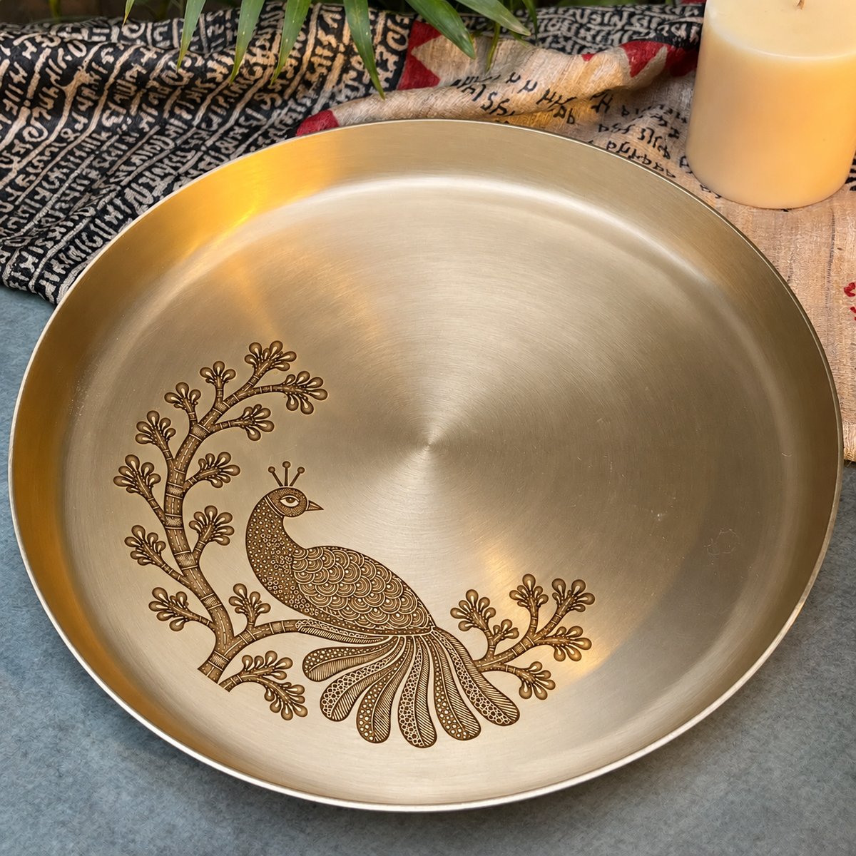 Ambi Mayur Pallav Etched Pure Kansa Thali | Gond-Inspired Collection-12 inch